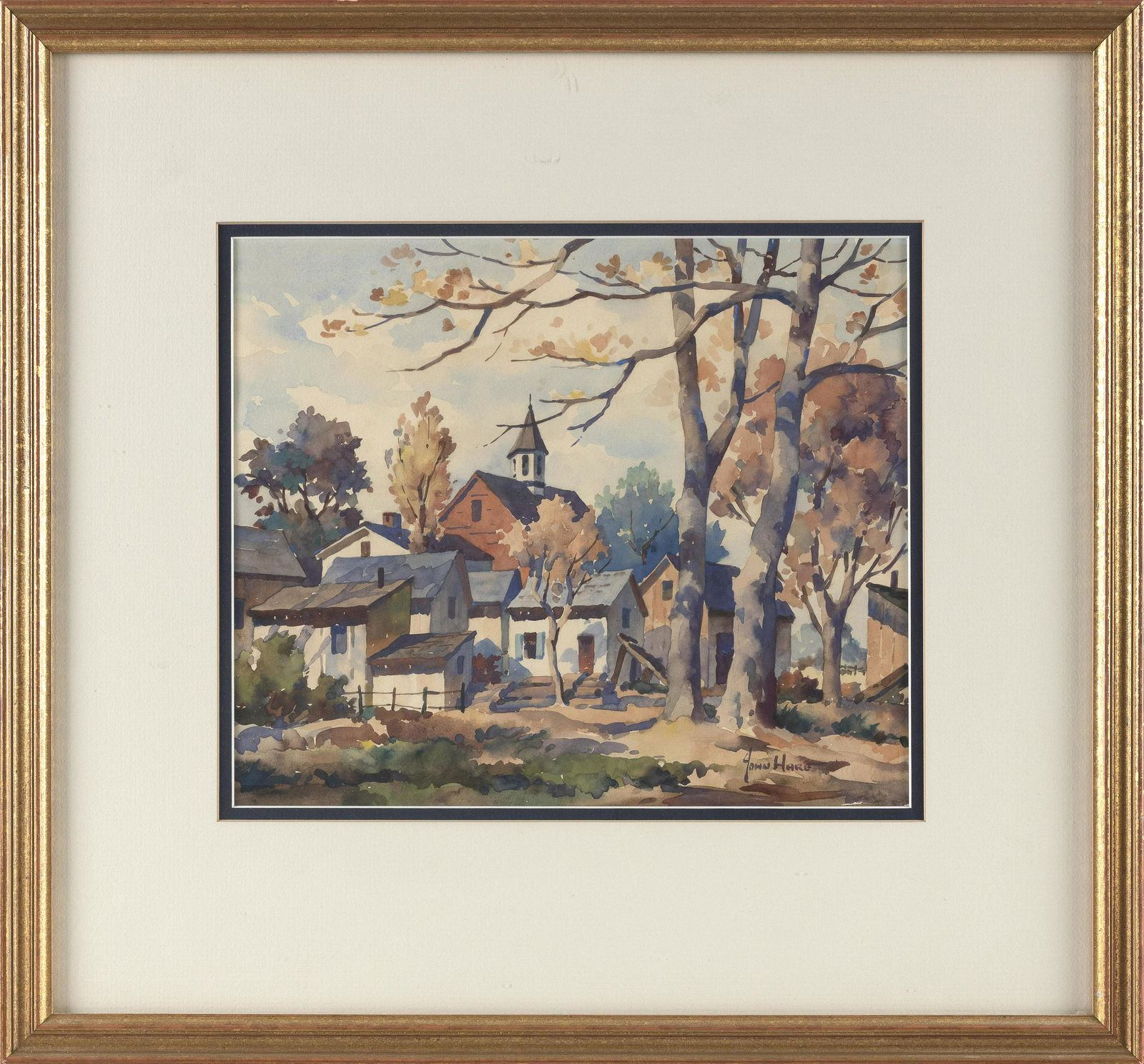 JOHN CUTHBERT HARE (Massachusetts/Florida, 1908-1978), Fall village scene., Watercolor on paper,: JOHN CUTHBERT HAREMassachusetts/Florida, 1908-1978Fall village scene. Signed lower right “John Hare”.Watercolor on paper, 10” x 11.5” sight. Framed 18” x 19.5”.