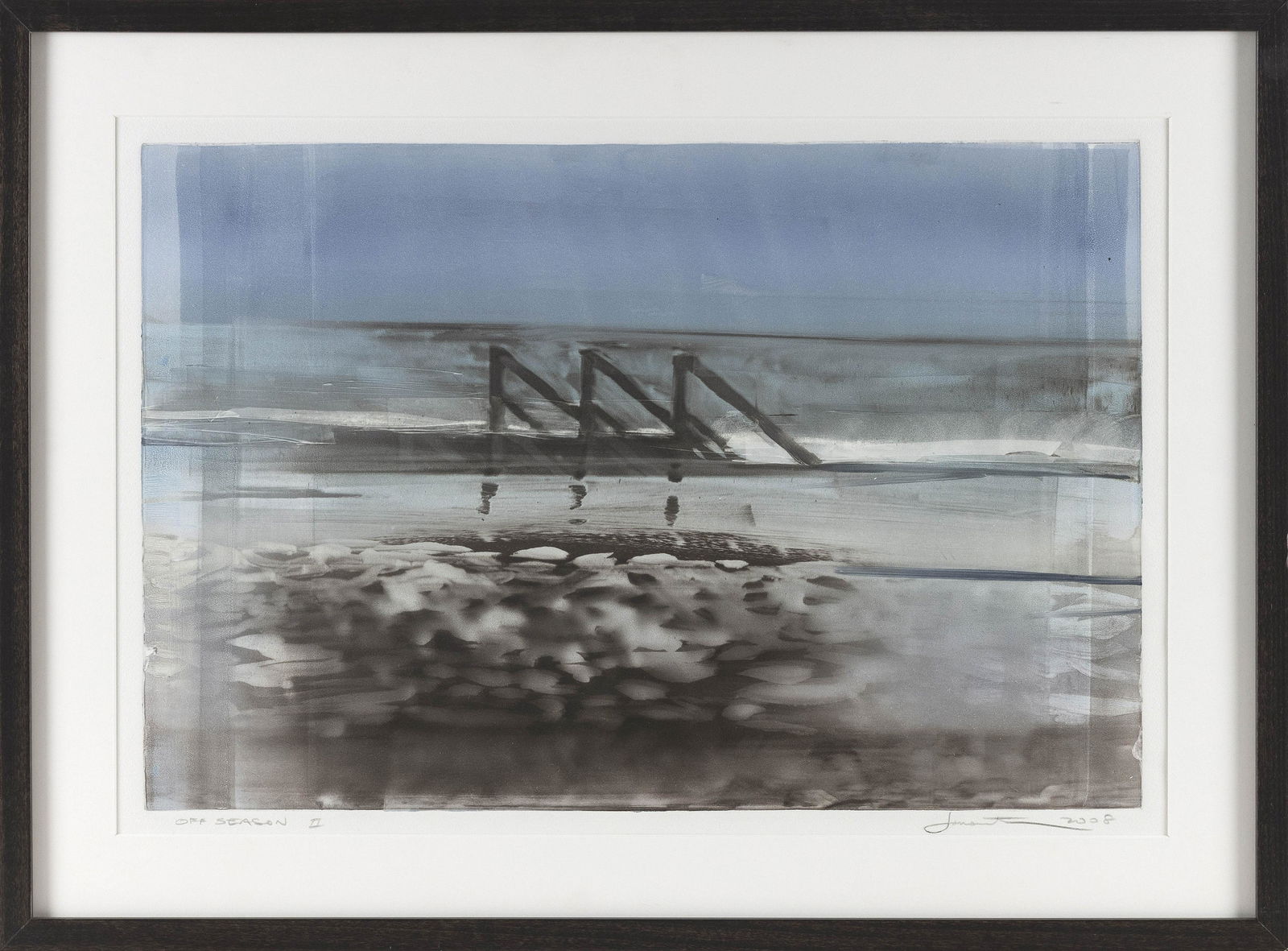 JOEL JANOWITZ (New York, b. 1945), “Off-season II”., Monotype on paper, 12" x 18" sight.: JOEL JANOWITZNew York, b. 1945“Off-season II”. Titled lower left. Signed lower right. Dated 2009.Monotype on paper, 12" x 18" sight. Framed 15" x 21".