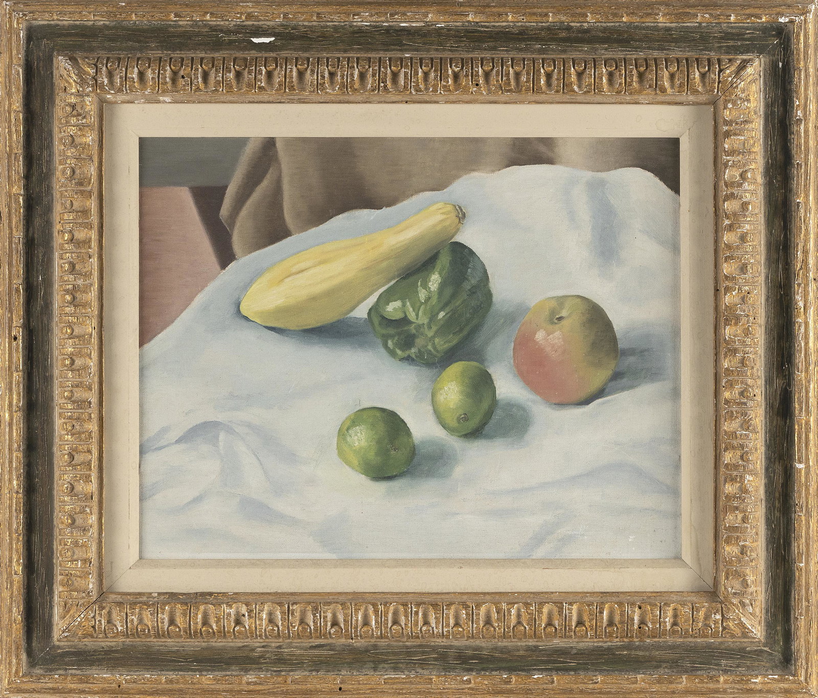 AMERICAN SCHOOL (20th Century,), Still life of fruit and vegetables., Oil on artist panel, 14”: AMERICAN SCHOOL 20th Century Still life of fruit and vegetables. Unsigned. Housed in a House of Heydenryk frame. Oil on artist panel, 14” x 18”. Framed 22.5” x 26.5”.