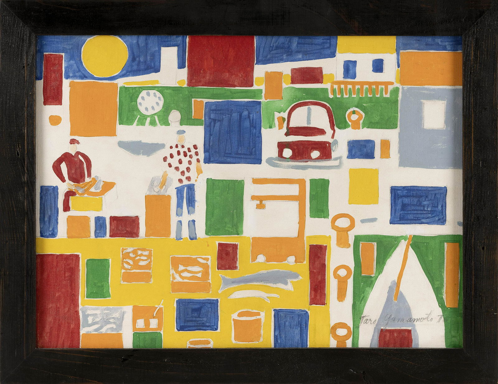 TARO YAMAMOTO (Connecticut/New York/Massachusetts/California, 1919-1994), Coastal abstract with: TARO YAMAMOTOConnecticut/New York/Massachusetts/California, 1919-1994Coastal abstract with figures. Signed and dated lower right "‘77".Oil on canvas, 18” x 24”. Framed 22&#