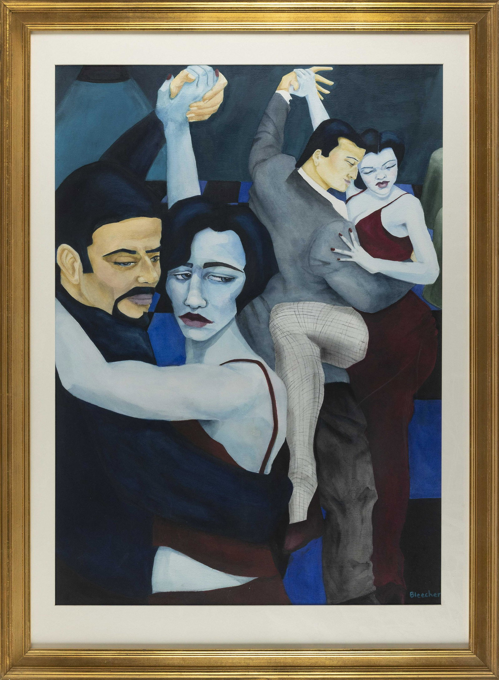 REBECCA BLEECHER (Massachusetts, 20th Century), “Tango on Blue Tiles”., Watercolor on: REBECCA BLEECHER Massachusetts, 20th Century “Tango on Blue Tiles”. Signed lower right “Bleecher”. Watercolor on paper, 40” x 28.25”. Framed 49.5” x 36.5̶