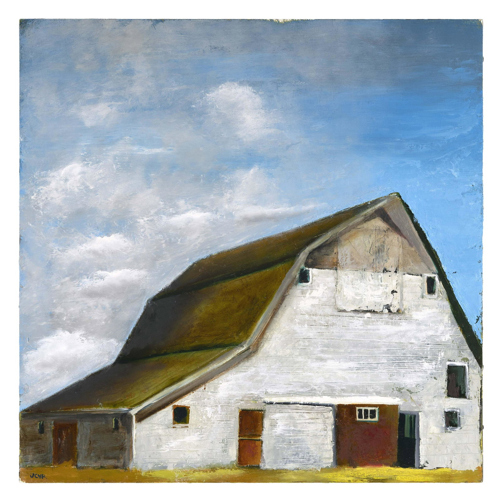JULIE CYR (Maine, Contemporary), "Okland, ME", a portrait of a barn., Oil on board, 24" x 24". Box: JULIE CYR Maine, Contemporary "Okland, ME", a portrait of a barn. Signed lower left "J. Cyr". Titled and signed verso. Oil on board, 24" x 24". Box stretcher.