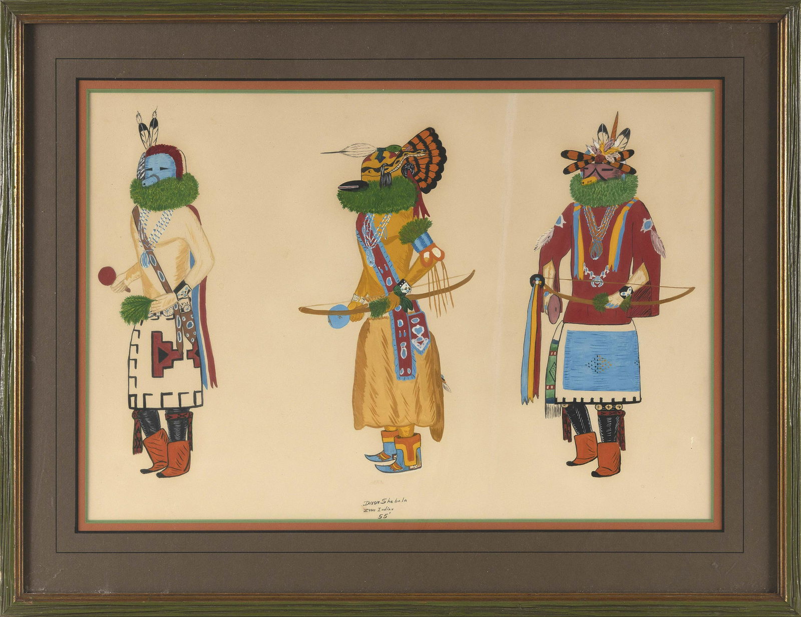 DIXON SHEBALA (America, 20th Century), "Zuni Indian '55"., Gouache on paper, 15.5" x 23" sight. (1 of 2)