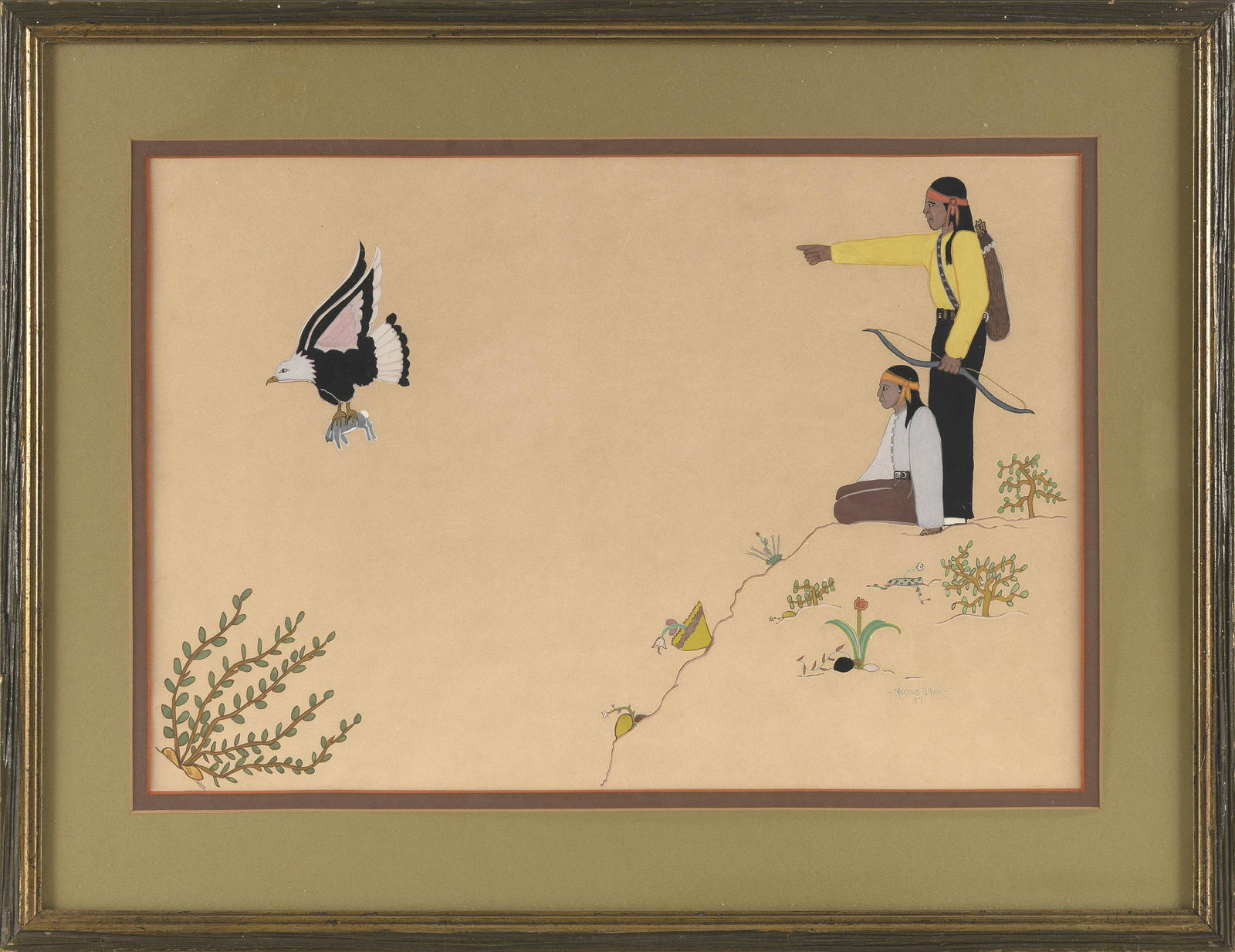 MARCUS SILVA (America, Contemporary), Native American hunters and an eagle., Gouache on paper, 12.5" (1 of 2)