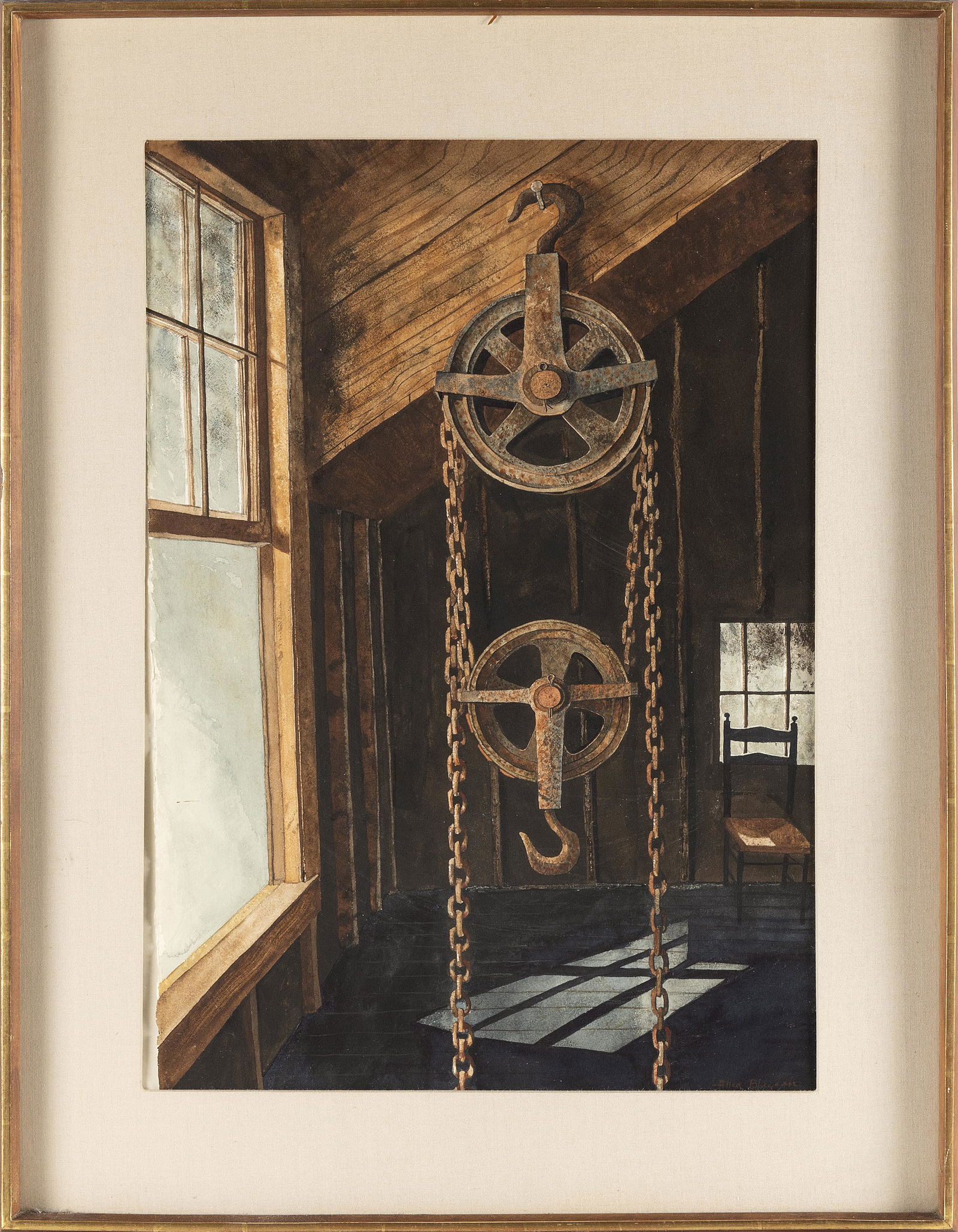 ALLEN BLAGDEN (Connecticut, b. 1938), "The Attic"., Watercolor on paper, 22.5" x 15.5" sight. (1 of 2)