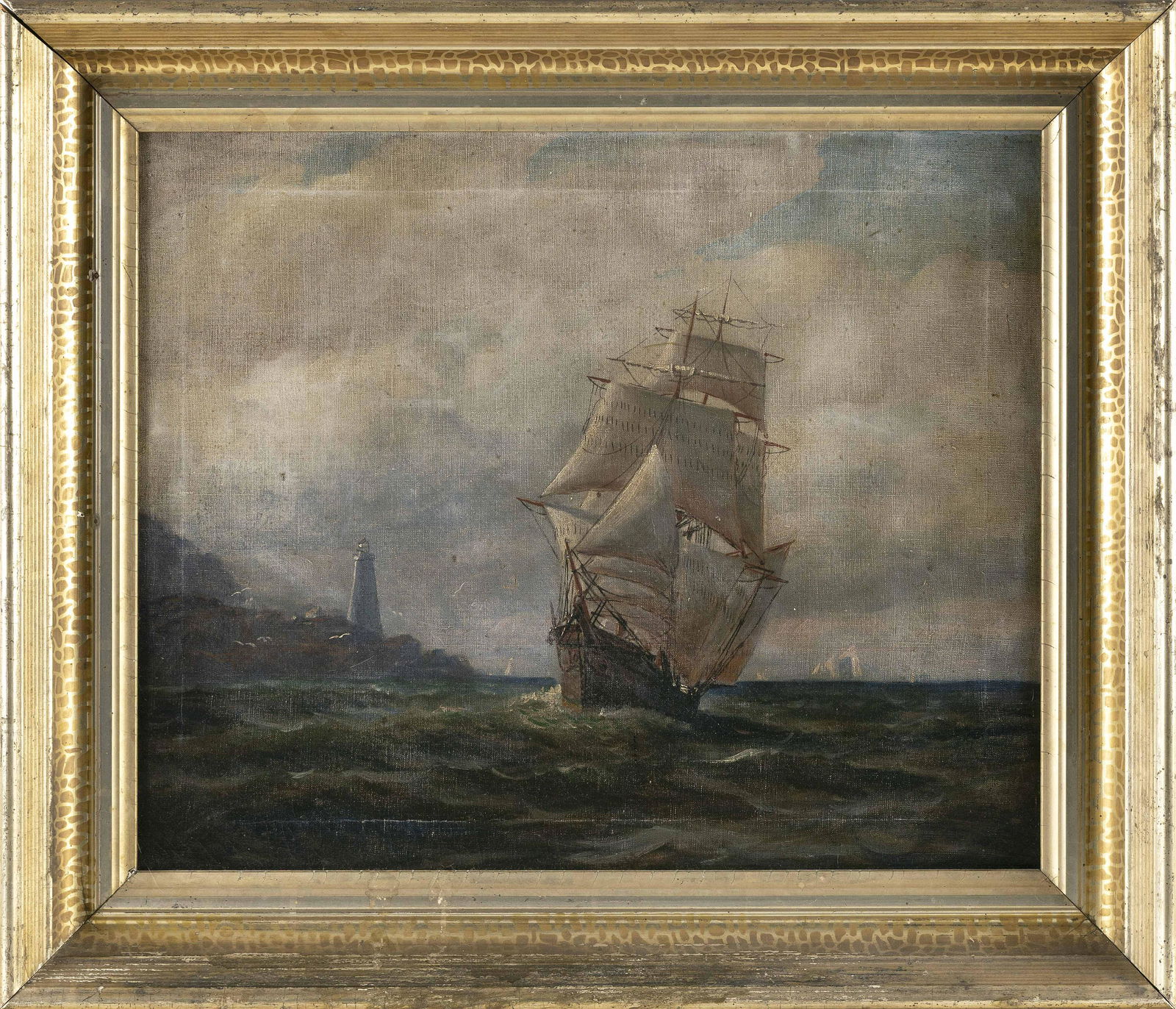 ATTRIBUTED TO WILLIAM FREDERICK PASKELL (Massachusetts, 1866-1951), Clipper ship rounding a: ATTRIBUTED TO WILLIAM FREDERICK PASKELLMassachusetts, 1866-1951Clipper ship rounding a lighthouse. Oil on canvas, 18” x 22”. Framed 24” x 27”.
