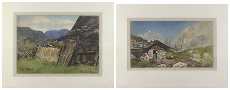 AUGUST ACHTENHAGEN (Germany, 1865-1938), Two landscapes, Watercolors, 10” x 17.75” and: AUGUST ACHTENHAGENGermany, 1865-1938Two landscapes, one with a hut. Both signed “A. Achtenhagen”, annotated and dated “88”.Watercolors, 10” x 17.75” and 12” x