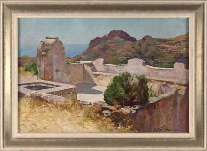 AUGUST ACHTENHAGEN (Germany, 1865-1938), Mediterranean coastal landscape., Oil on canvas, 17.5”: AUGUST ACHTENHAGENGermany, 1865-1938Mediterranean coastal landscape. Signed lower right “A. Achtenhagen”.Oil on canvas, 17.5” x 25.5”. Framed 22” x 30.5”.