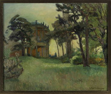 AUGUST ACHTENHAGEN (Germany, 1865-1938), Stately home surrounded by trees., Oil on canvas,: AUGUST ACHTENHAGENGermany, 1865-1938Stately home surrounded by trees. Signed lower right “A. Achtenhagen”.Oil on canvas, 21.5” x 25.5”. Framed 23” x 27.5”.