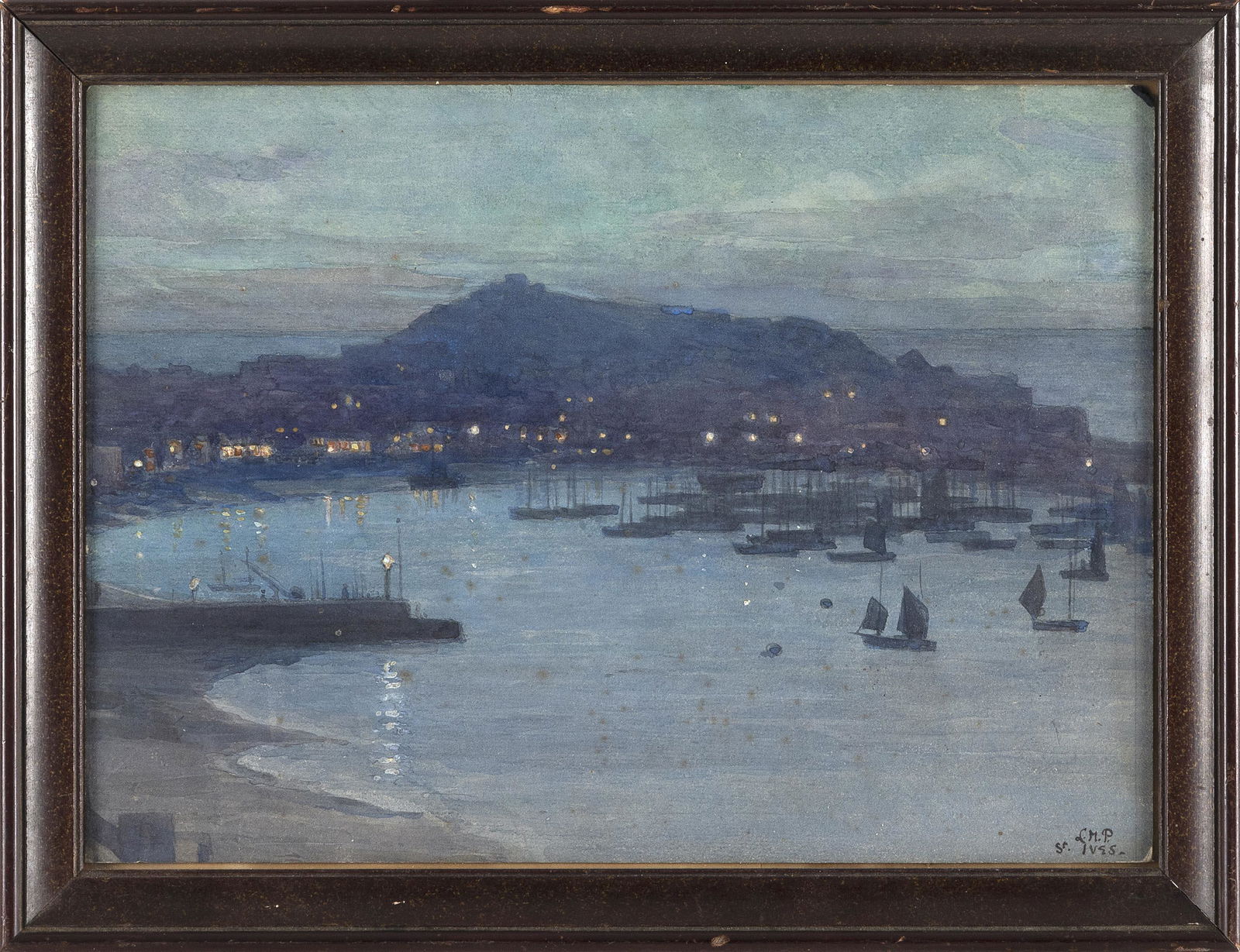 LEONARD MARLBOROUGH POWELL (England, fl. 1883-1916), St. Ives Harbour at night., Oil on board, 9.5" (1 of 2)