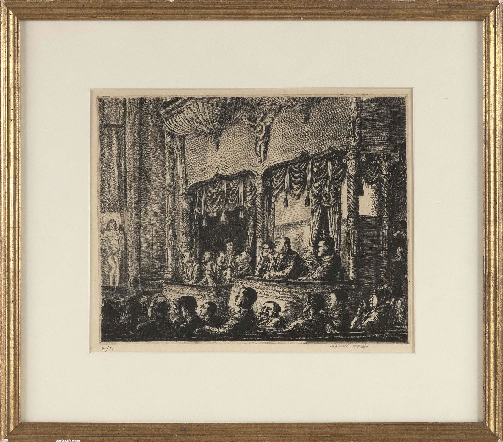 REGINALD MARSH (New York/Vermont, 1898-1954), “Irving Place Burlesk”, 1929-30., Etching: REGINALD MARSHNew York/Vermont, 1898-1954â€œIrving Place Burlesk”, 1929-30. Signed and numbered 6/50 in pencil lower margin. Sasowky 75, iii/iii.Etching on paper, 7.75” x 9.75” s