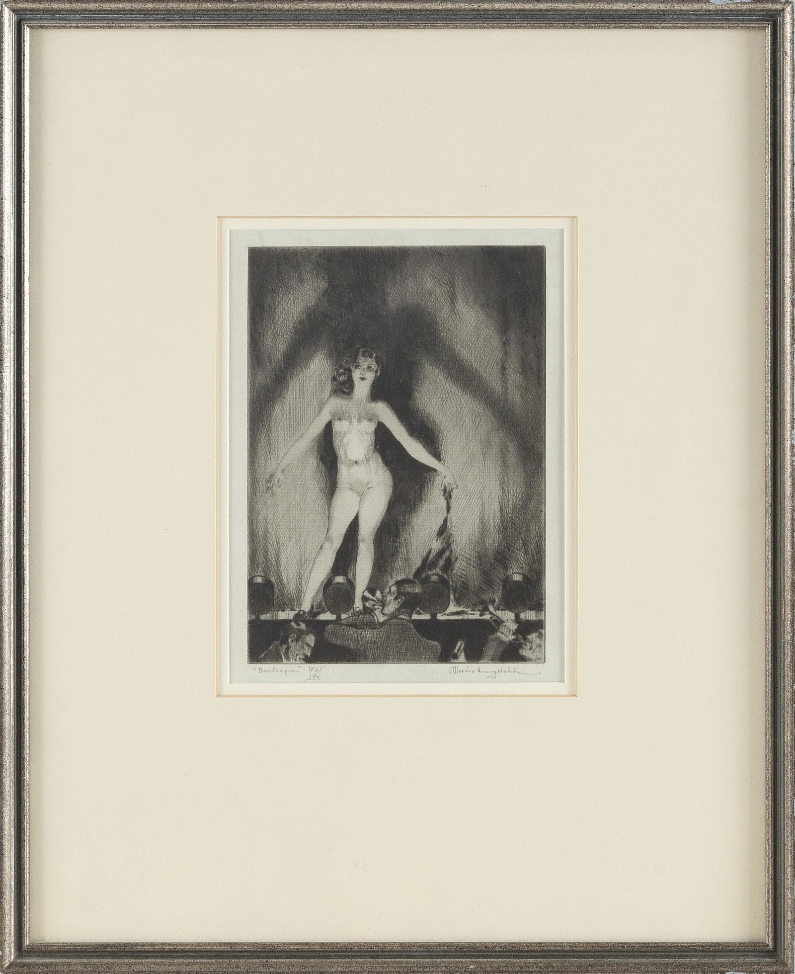 MORRIS HENRY HOBBS (Louisiana/Illinois, 1892-1967), “Burlesque”., Etching on pale blue (1 of 2)