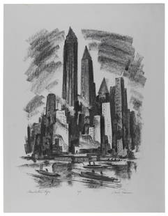 MARK FREEMAN (New York/Austria, 1908-2003), "Manhattan Cliffs", 1933., Lithograph on gray paper,: MARK FREEMANNew York/Austria, 1908-2003"Manhattan Cliffs", 1933. An artist’s proof, aside from the edition of 30. Signed, titled and inscribed “A/P” in pencil lower margin.