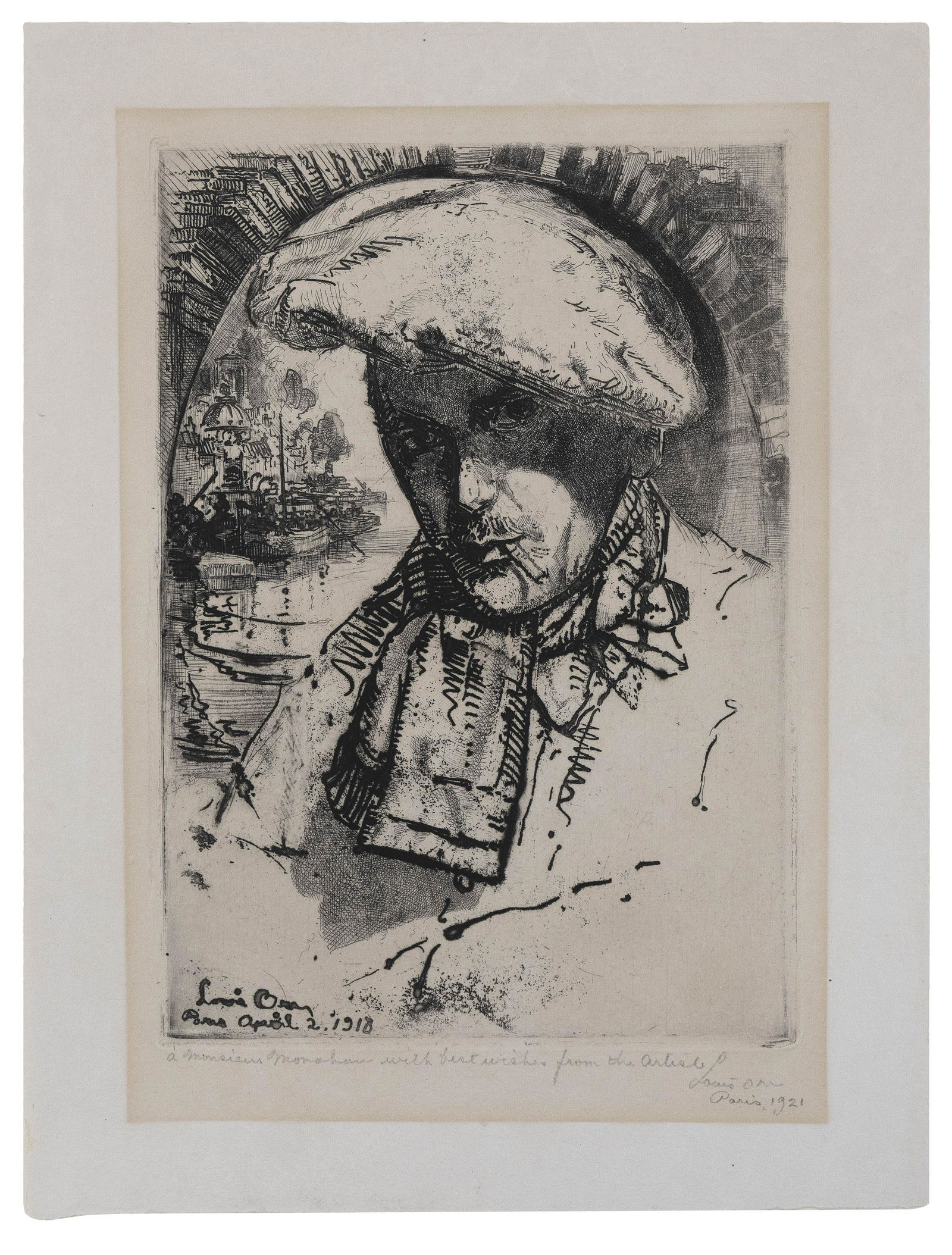 LOUIS ORR (Connecticut/France, 1879-1966), Self portrait, 1918., Etching, 8” x 6”.: LOUIS ORRConnecticut/France, 1879-1966Self portrait, 1918. Dedicated in pencil lower margin “a Monsieur Monohan with best wishes from the artist/Louis Orr/Paris 1921”.Etching, 8” x 6
