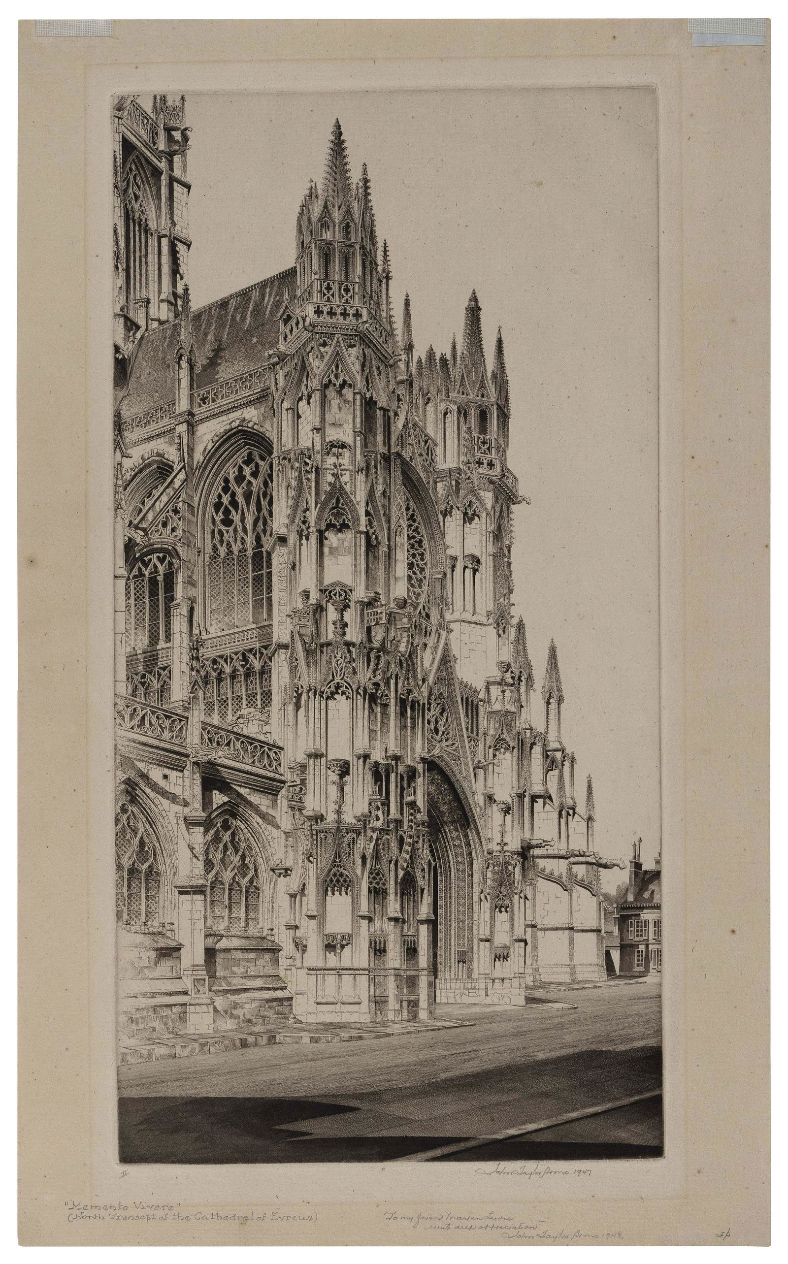 JOHN TAYLOR ARMS (Connecticut/Maryland/Massachusetts/District of Columbia/New York, 1887-1953),: JOHN TAYLOR ARMSConnecticut/Maryland/Massachusetts/District of Columbia/New York, 1887-1953"Memento Vivare, Notre Dame, Evreux", 1947. Edition of 198. Signed, dated, titled, inscribed “