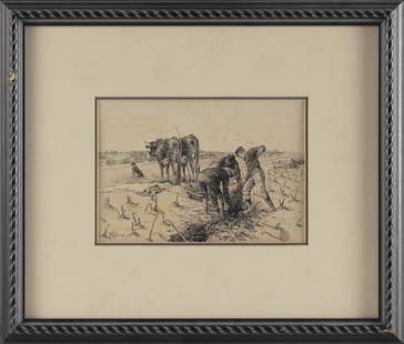 HENRY RANKIN POORE (Pennsylvania/Connecticut, 1859-1940), Digging the crops., Pen and ink on smooth: HENRY RANKIN POOREPennsylvania/Connecticut, 1859-1940Digging the crops. Signed lower left “H.R. Poore”.Pen and ink on smooth wove paper, 6” x 9” sight. Framed 14.75” x 17