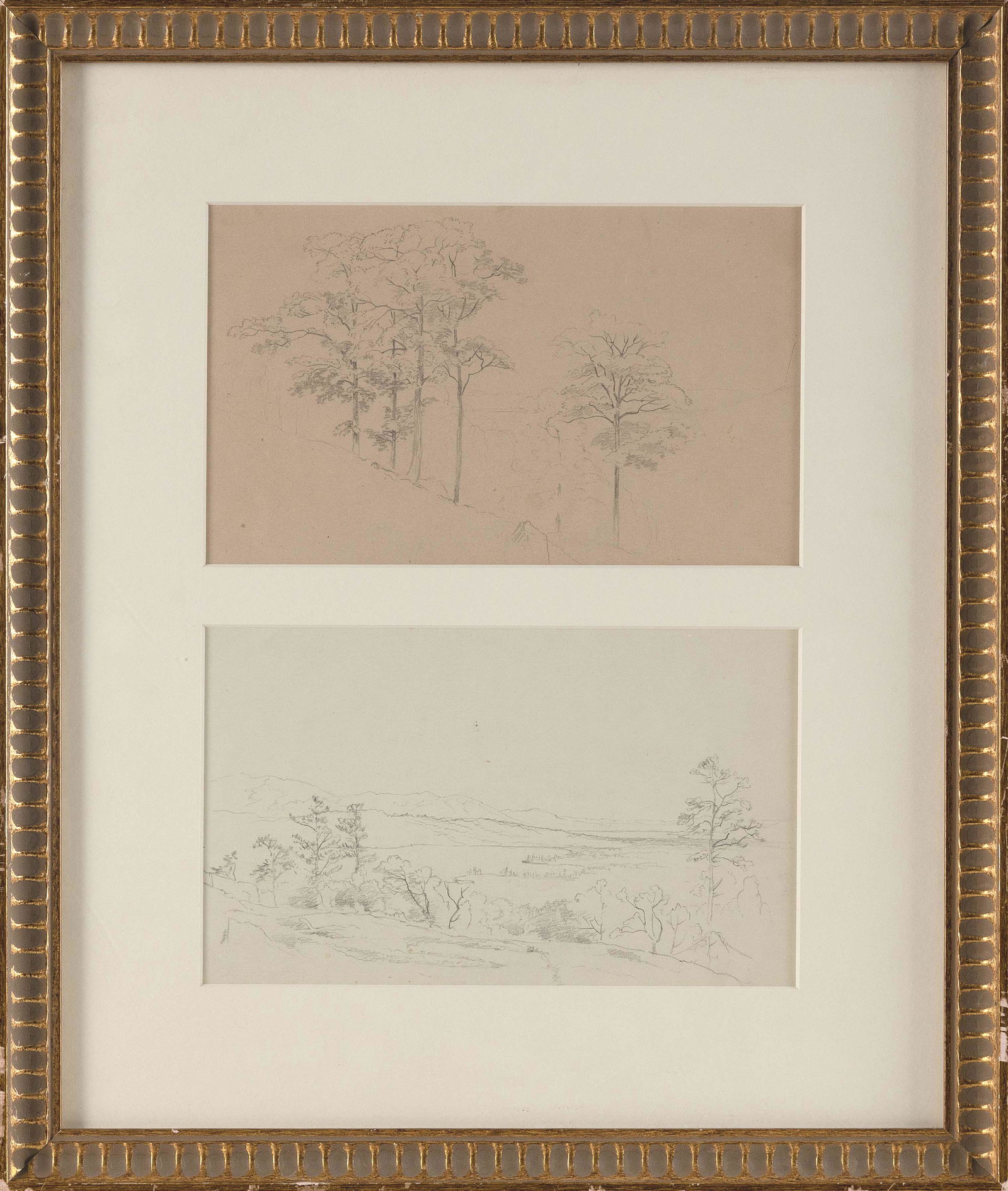 DAVID JOHNSON (New York, 1827-1908), Two double-sided sketches of trees in a landscape., Pencils on: DAVID JOHNSONNew York, 1827-1908Two double-sided sketches of trees in a landscape. One with artist’s monogram in black ink. Housed in a common frame.Pencils on paper, 5” x 8.5” sight
