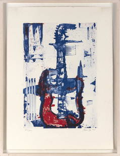 AARON FINK (Massachusetts, b. 1955), "Red, White, Denim Blue Guitar"., Color lithograph on Arches: AARON FINKMassachusetts, b. 1955"Red, White, Denim Blue Guitar". Signed and dated "'94" lower right. Numbered 53/150 lower left.Color lithograph on Arches paper, 26.75" x 20&q