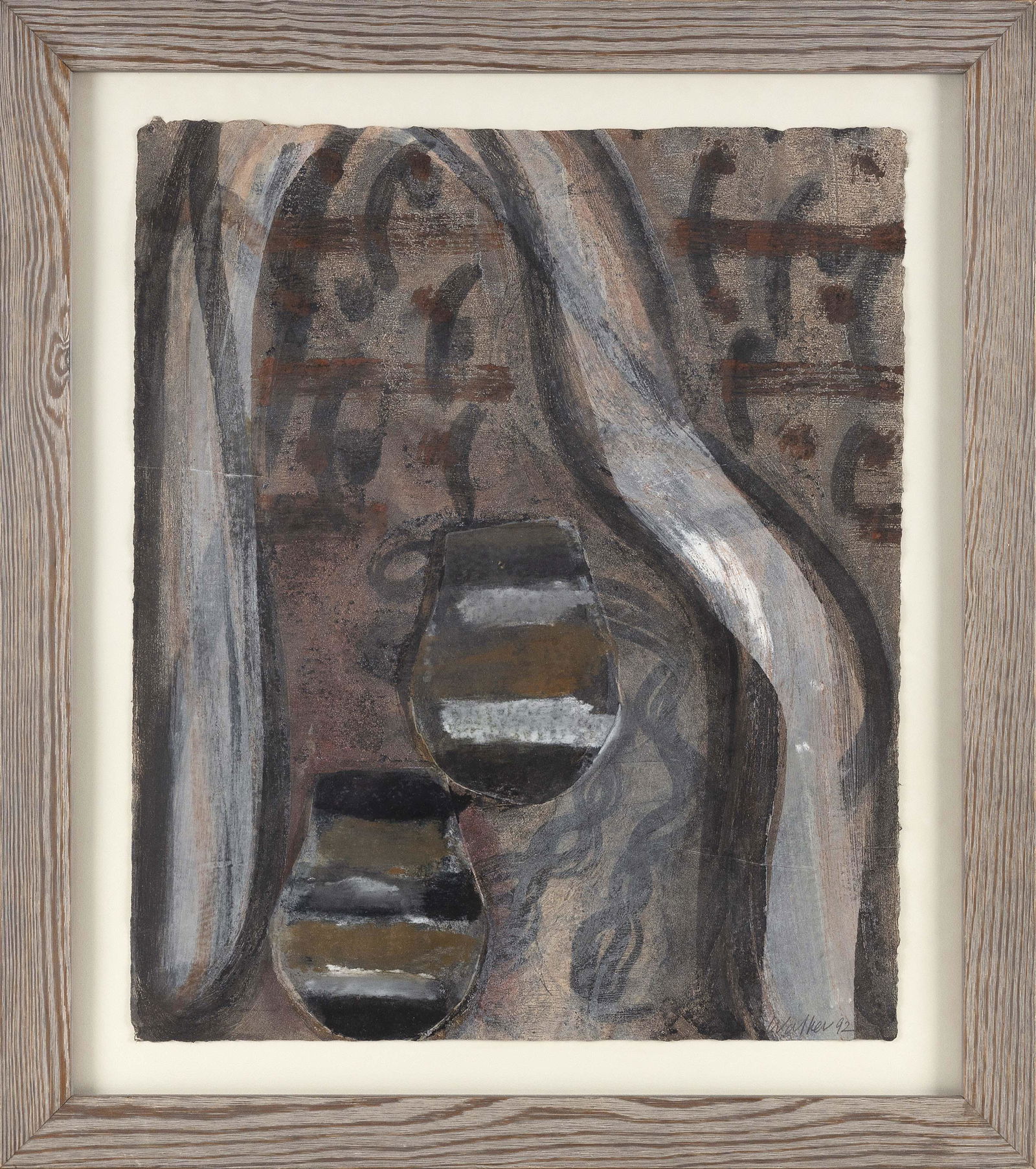 JOHN WALKER (New York/Maine/Massachusetts/United Kingdom, b. 1939), Abstract with two: JOHN WALKERNew York/Maine/Massachusetts/United Kingdom, b. 1939Abstract with two vessels. Signed and dated lower right â€œWalker â€˜92”.Mixed media on paper, 20.5" x 18” sight. Fra