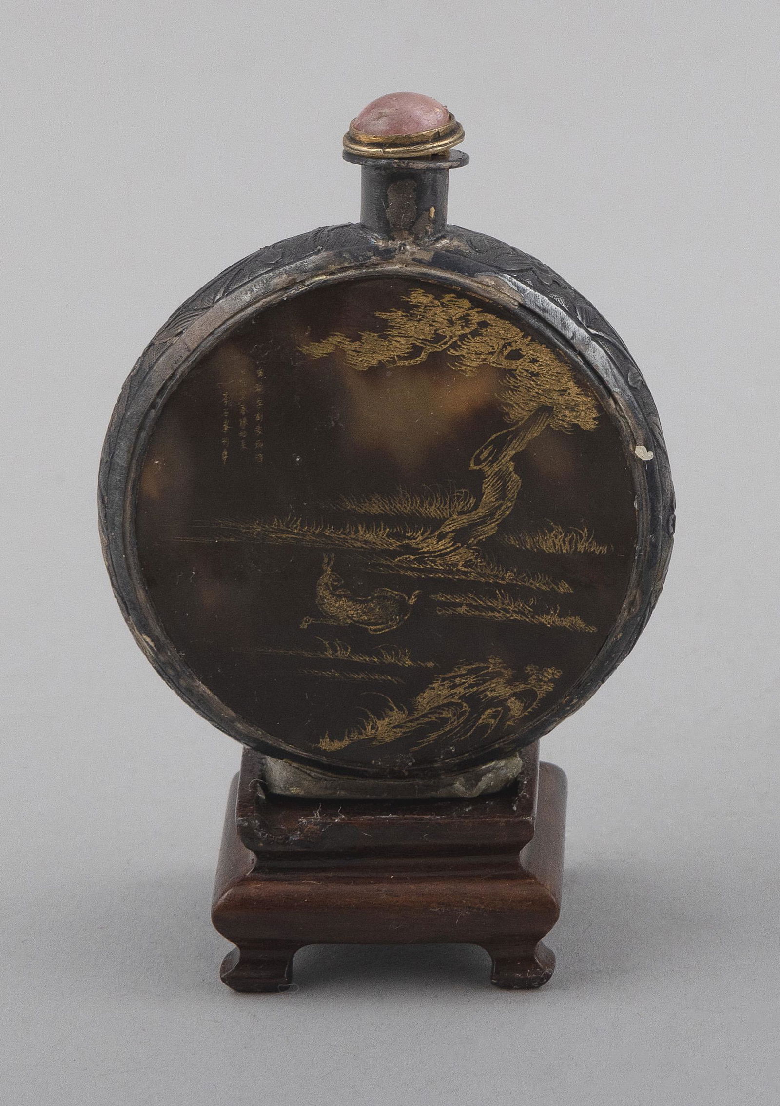 CHINESE SILVER AND SHELL SNUFF BOTTLE 19th Century Height 2.5”. With wood stand. (1 of 2)