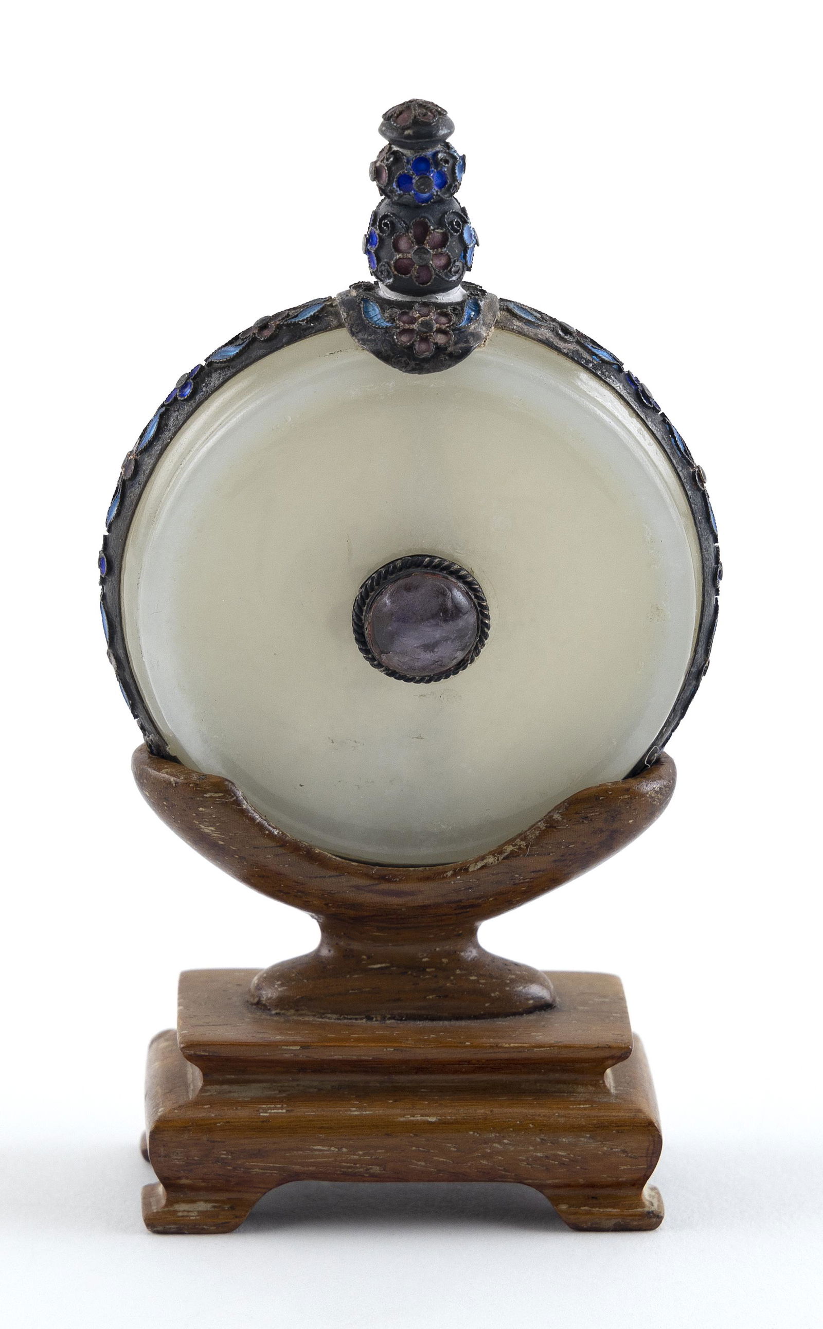 CHINESE WHITE JADE AND CLOISONNÉ ENAMEL SNUFF BOTTLE Late 19th Century Height 3". With wood (1 of 3)