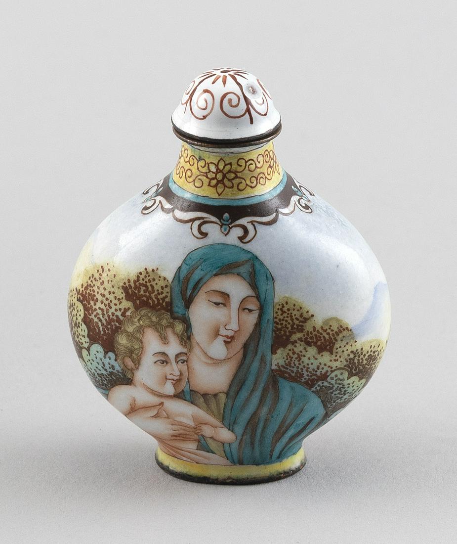 CHINESE CANTON ENAMEL SNUFF BOTTLE Late 19th/Early 20th Century Height 2.5".: CHINESE CANTON ENAMEL SNUFF BOTTLE Late 19th/Early 20th Century In spade shape, the obverse with Western decoration of the Madonna and child and the reverse with a nude and child in a continuous lands