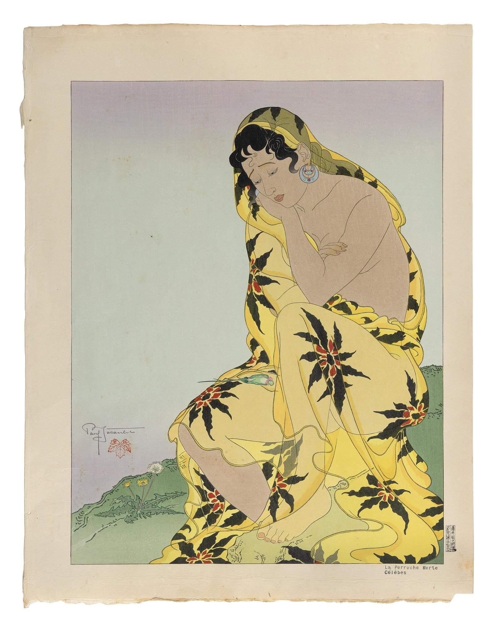 PAUL JACOULET (France/Japan, 1902-1960), "La Perruche Morte. Celebes" (#94)., Woodblock print, 18" x: PAUL JACOULET France/Japan, 1902-1960 "La Perruche Morte. Celebes" (#94). Signed in pencil lower left above the Ivy seal. Seals of the carver, Kentaro Maeda, and printer, Shunosuke Fujii, lo