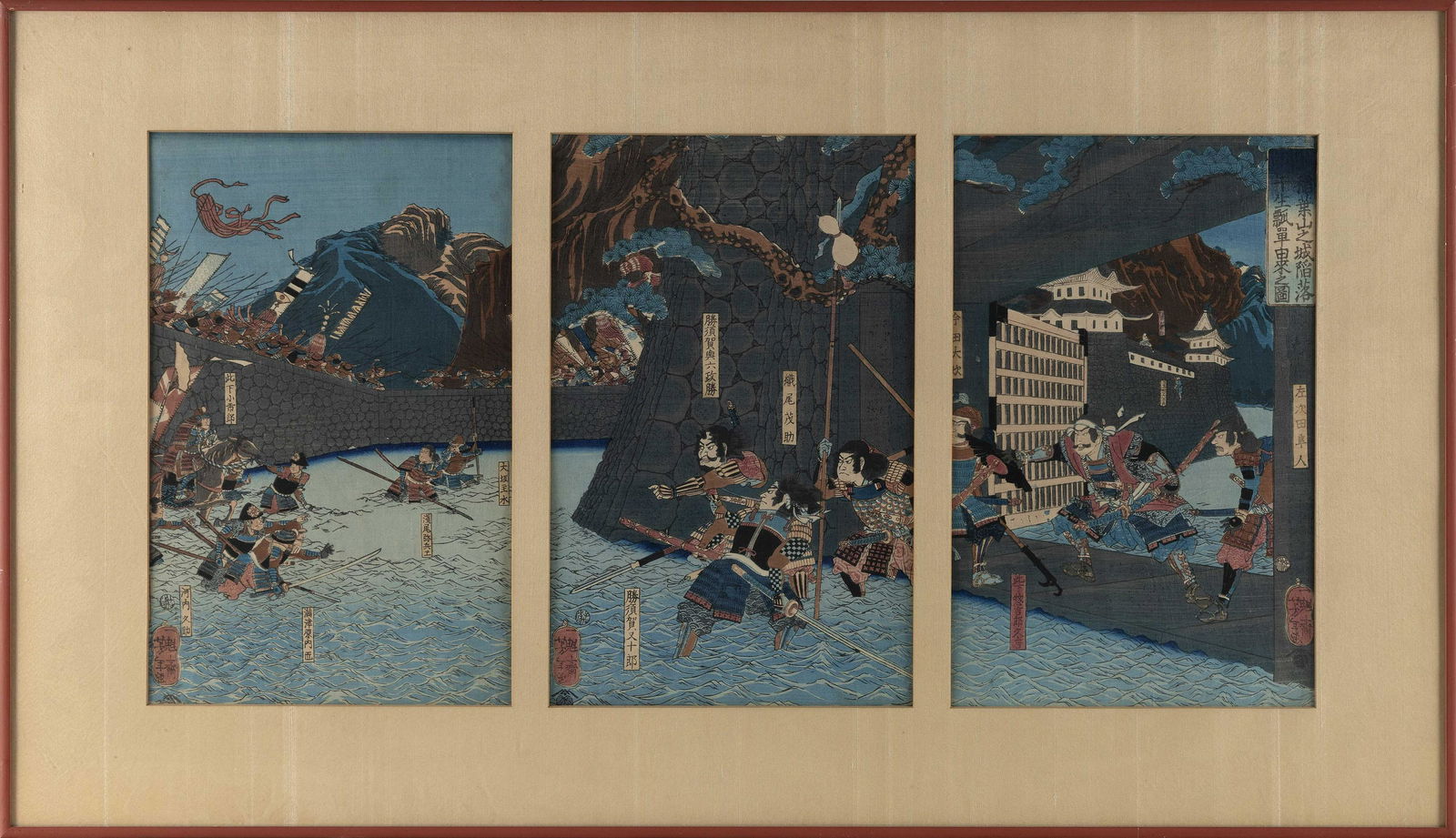 TSUKIOKA YOSHITOSHI (Japan, 1839-1892), Defense of the Castle Moat triptych., Woodblock prints, (1 of 2)