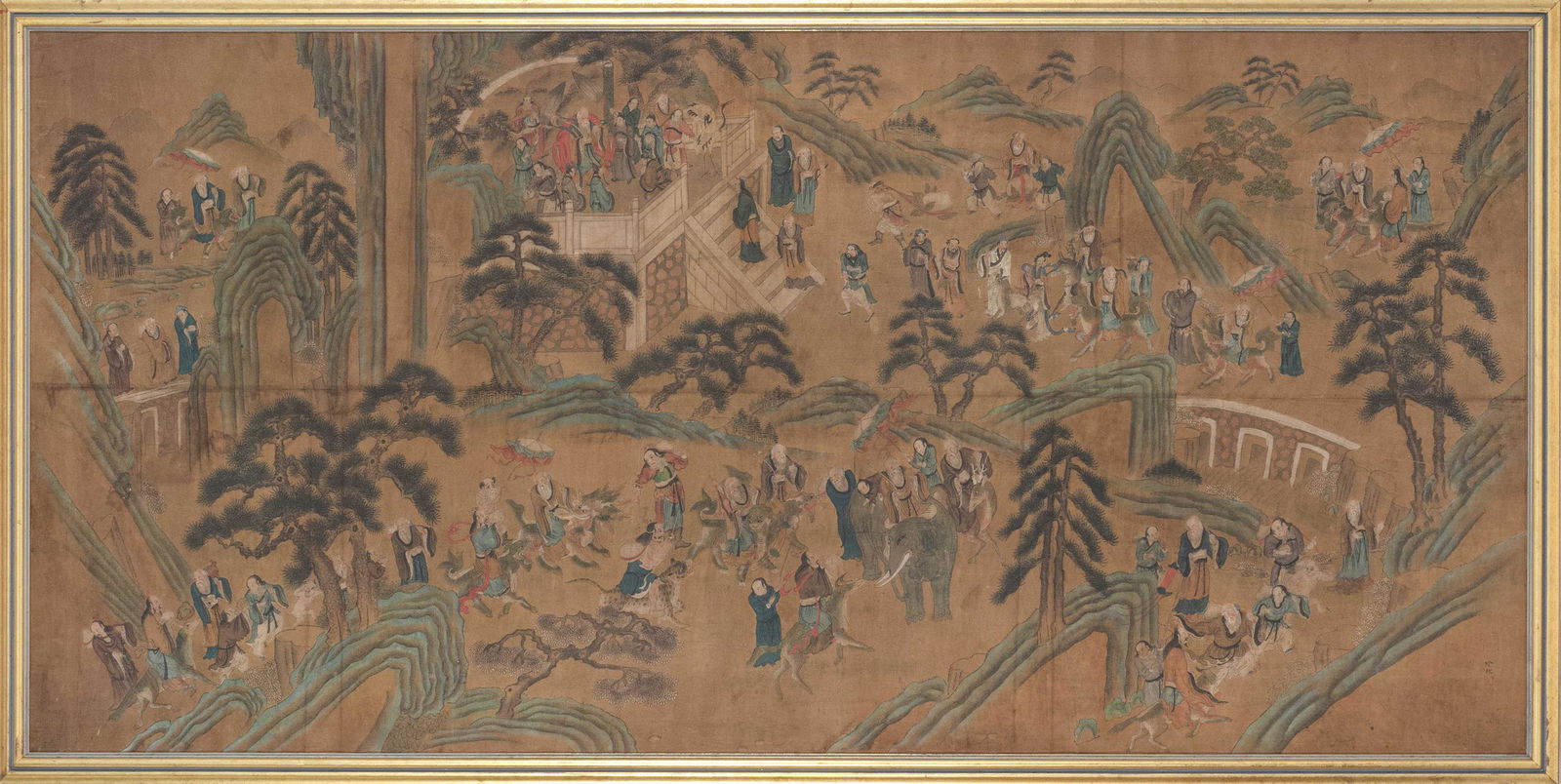 LARGE CHINESE PAINTING ON CANVAS 19th Century 45" x 92.5". Framed 48" x 95.5". (1 of 18)
