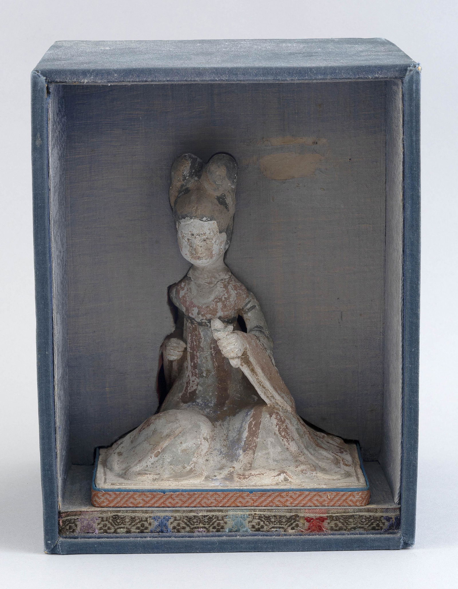 CHINESE POTTERY TOMB FIGURE Tang Dynasty Figure height 7”. Shadow box height 9.5”. Width (1 of 2)