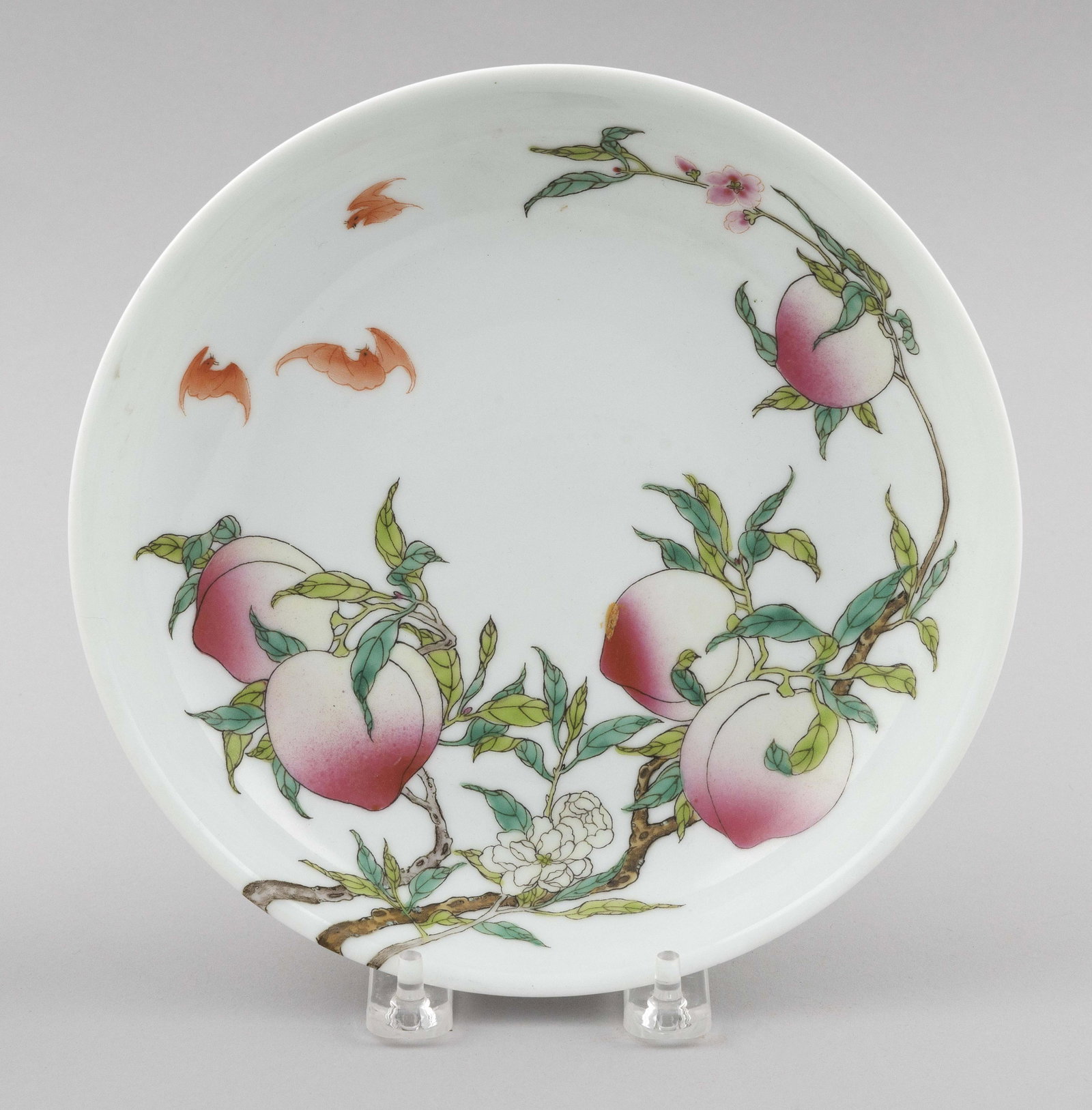CHINESE FAMILLE ROSE PORCELAIN SHALLOW BOWL 19th Century Diameter 8”.: CHINESE FAMILLE ROSE PORCELAIN SHALLOW BOWL 19th Century Decoration of peaches and bats on both interior and exterior. Six-character Yongzheng mark on base. Diameter 8”. Provenance: The Estate o