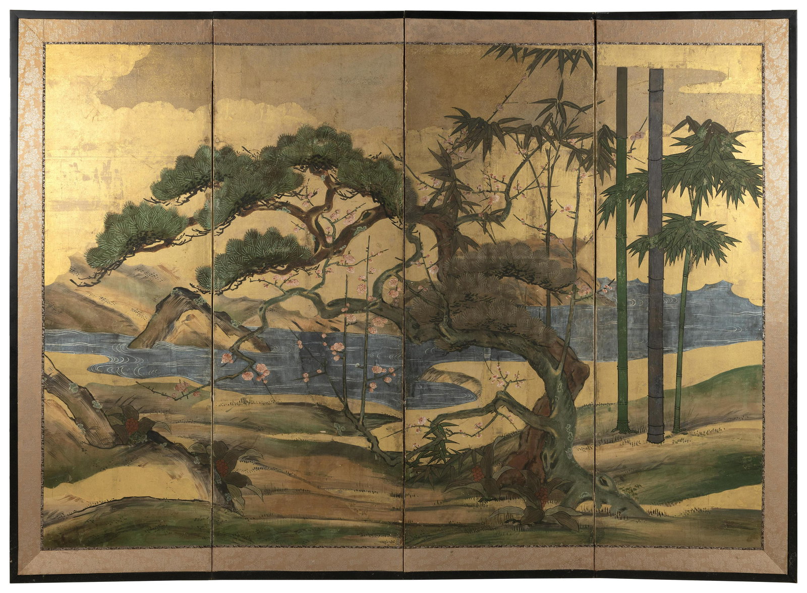 JAPANESE FOUR-PANEL SCREEN Meiji Period Height 54.5”. Length 76”. (1 of 11)