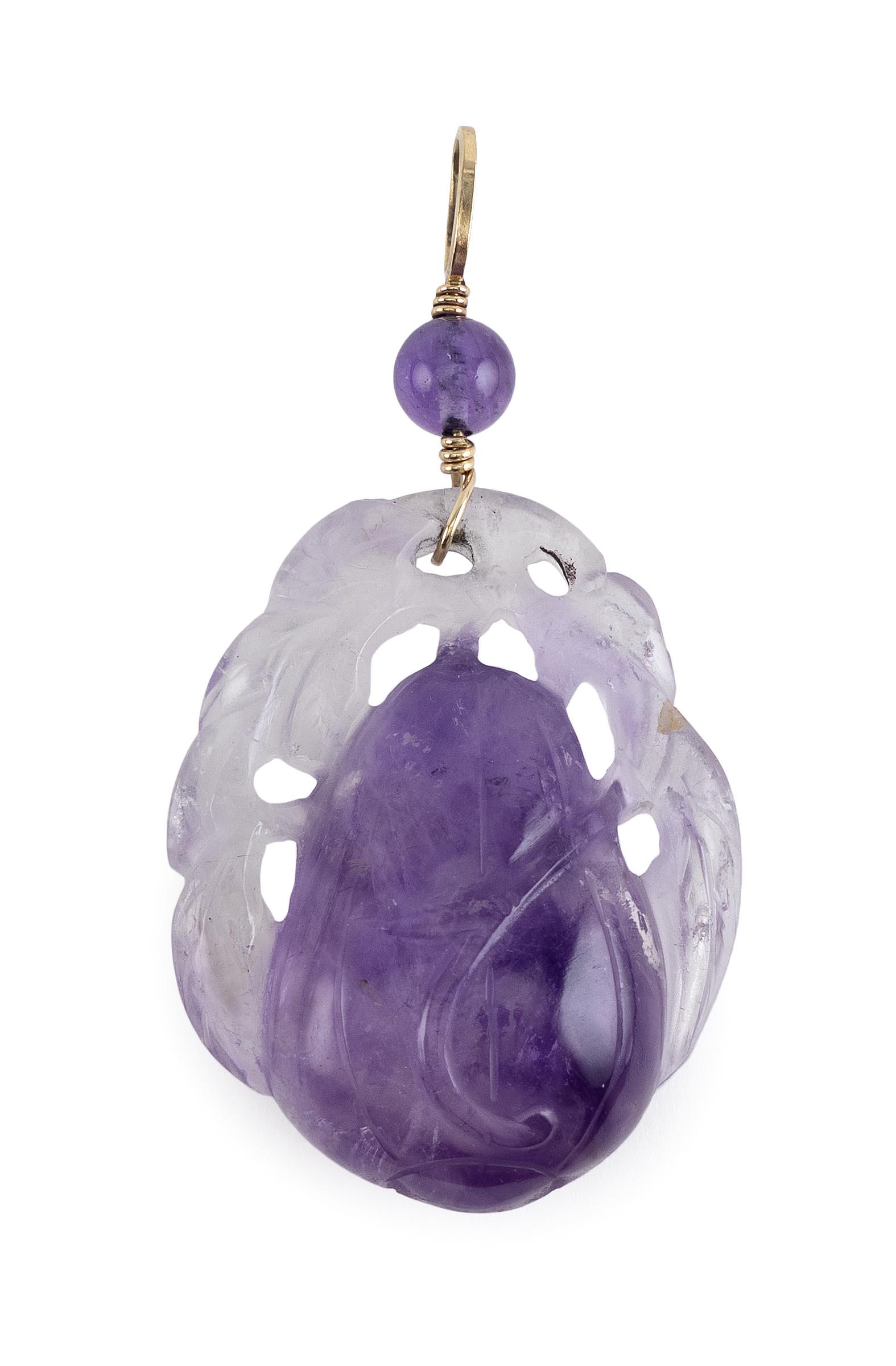 CHINESE CARVED AMETHYST PENDANT Stone length 2". Total length including mount 3". (1 of 2)