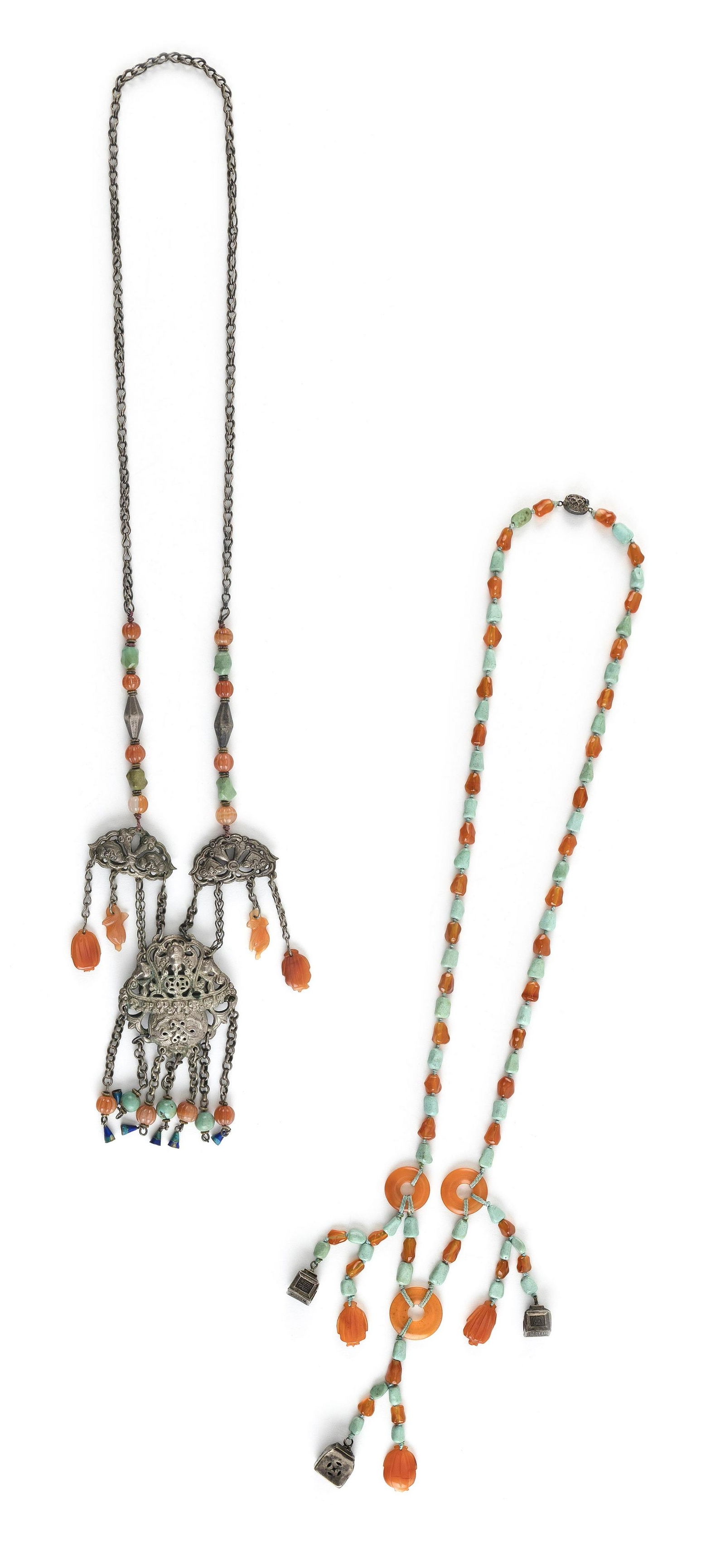 TWO CHINESE SILVER, AGATE AND TURQUOISE NECKLACES 19th Century (1 of 3)