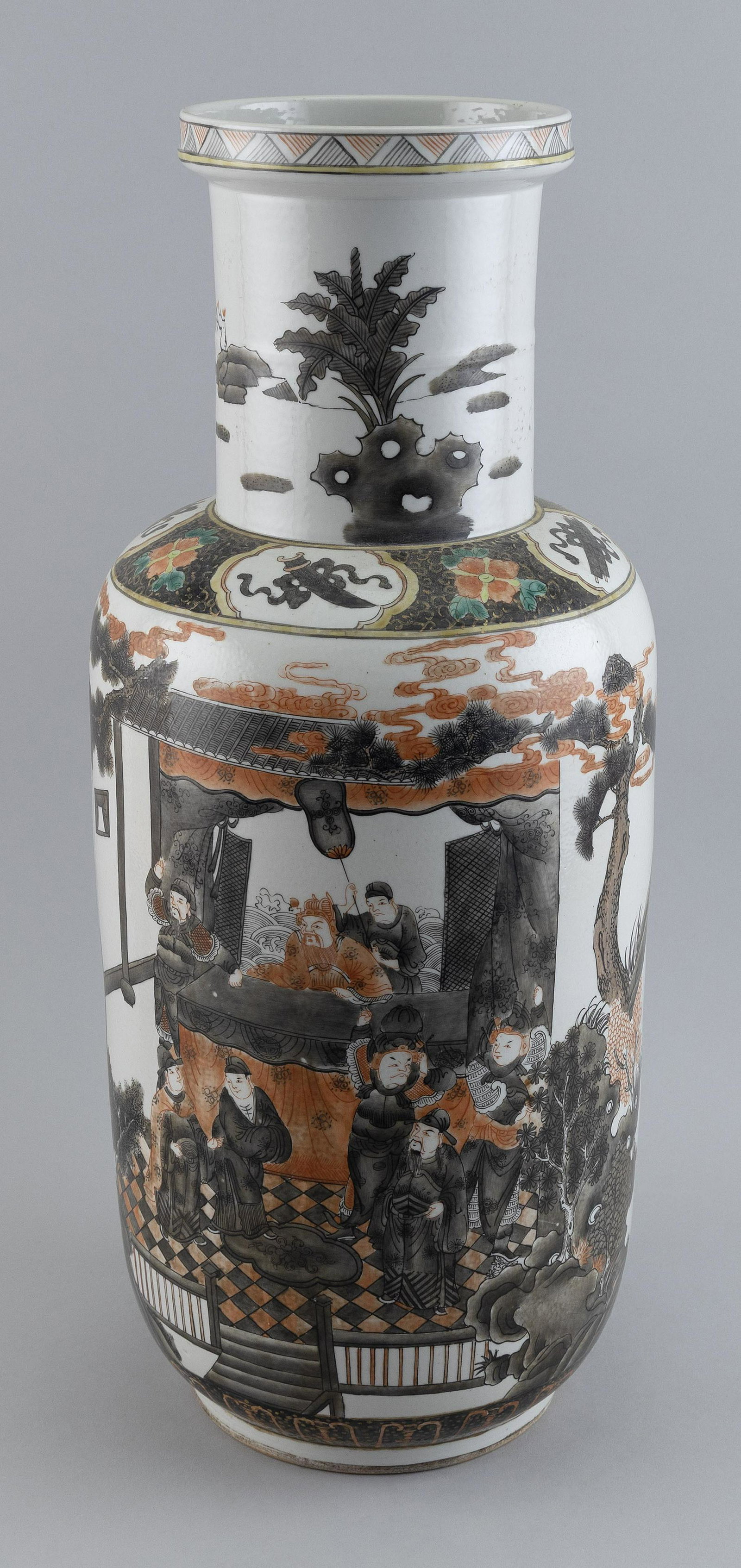 CHINESE PORCELAIN ROULEAU VASE Late 19th/Early 20th Century Height 21”.: CHINESE PORCELAIN ROULEAU VASE Late 19th/Early 20th Century Neck with black foliate and rockery decoration. Obverse with a figural court scene in black and orange. Reverse with bats. Height 21”.