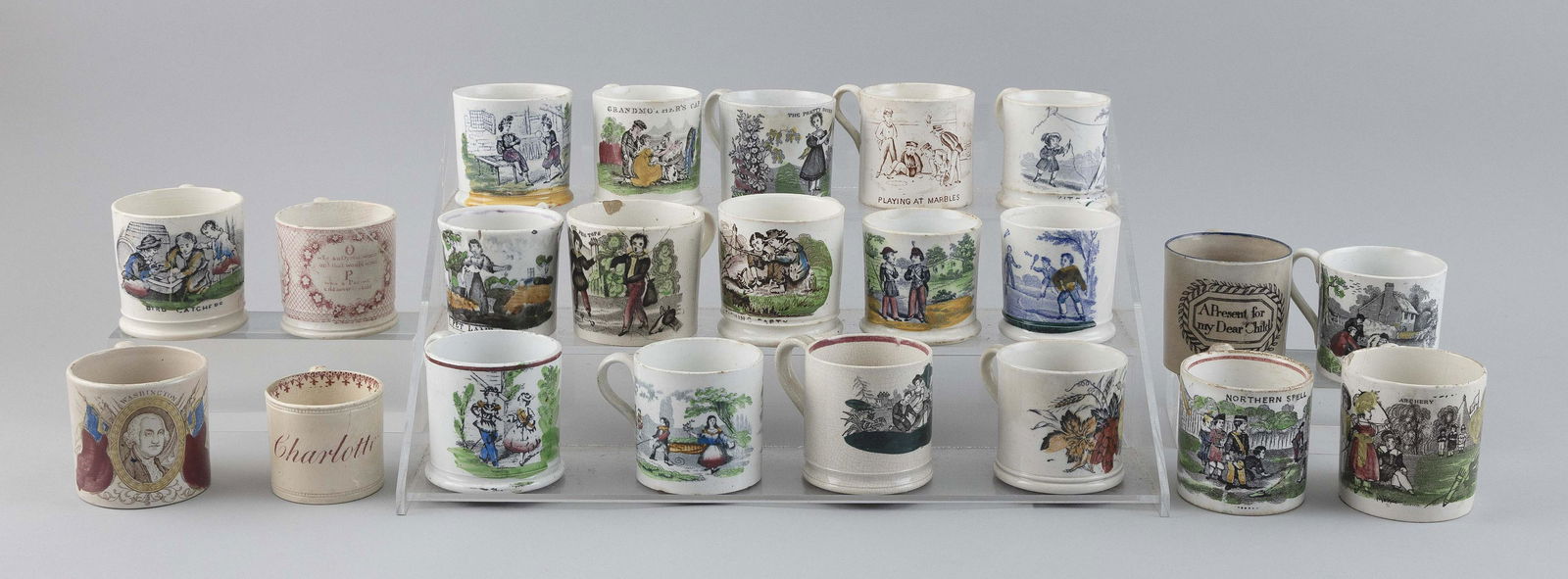 TWENTY-TWO ENGLISH TRANSFERWARE CHILDREN’S MUGS 19th Century Heights from 2.5” to (1 of 1)