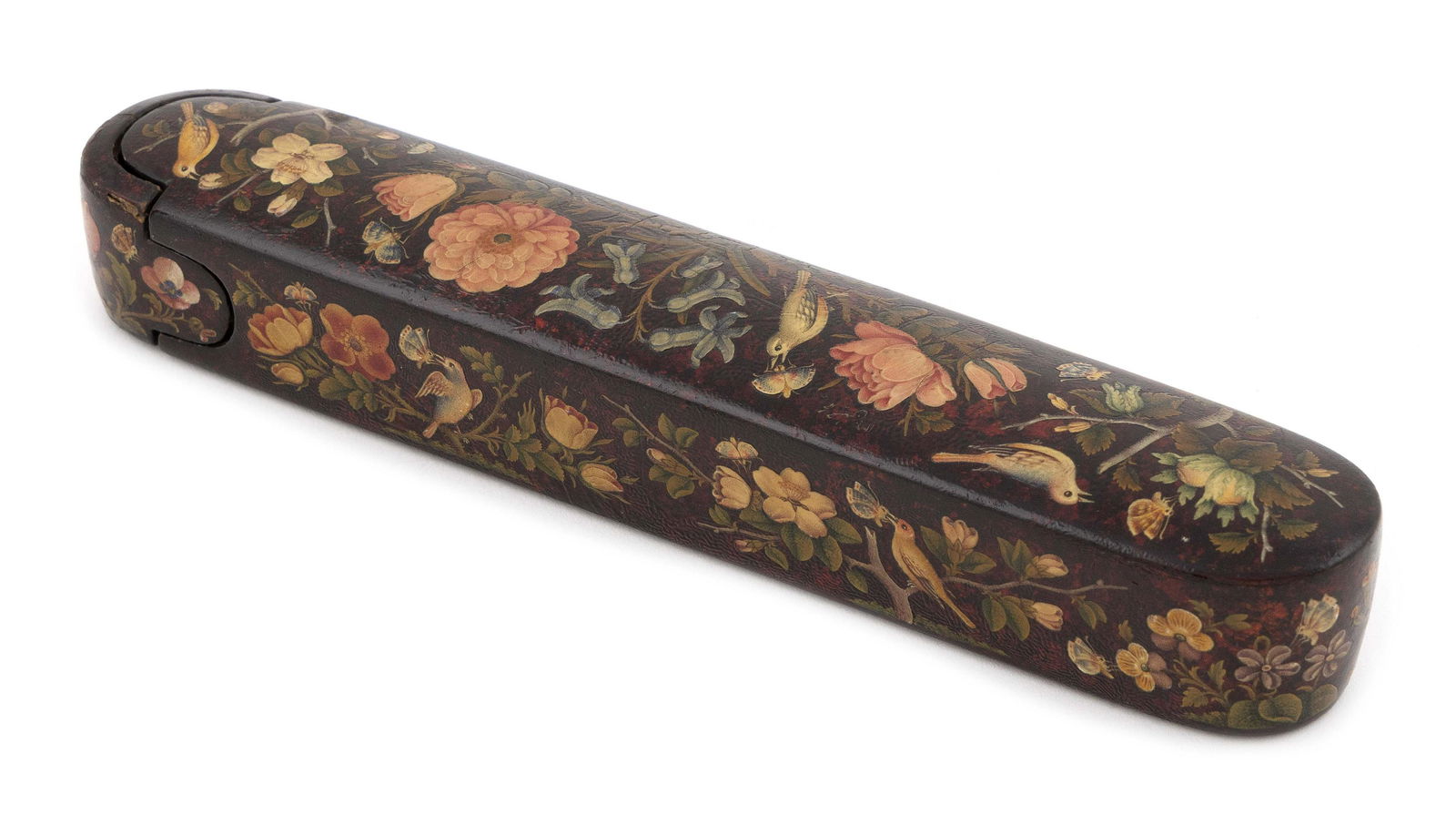 PERSIAN HAND-PAINTED LACQUER FAN BOX WITH VELVET AND SILVER THREADWORK DUST BAG Late 19th/Early 20th (1 of 3)