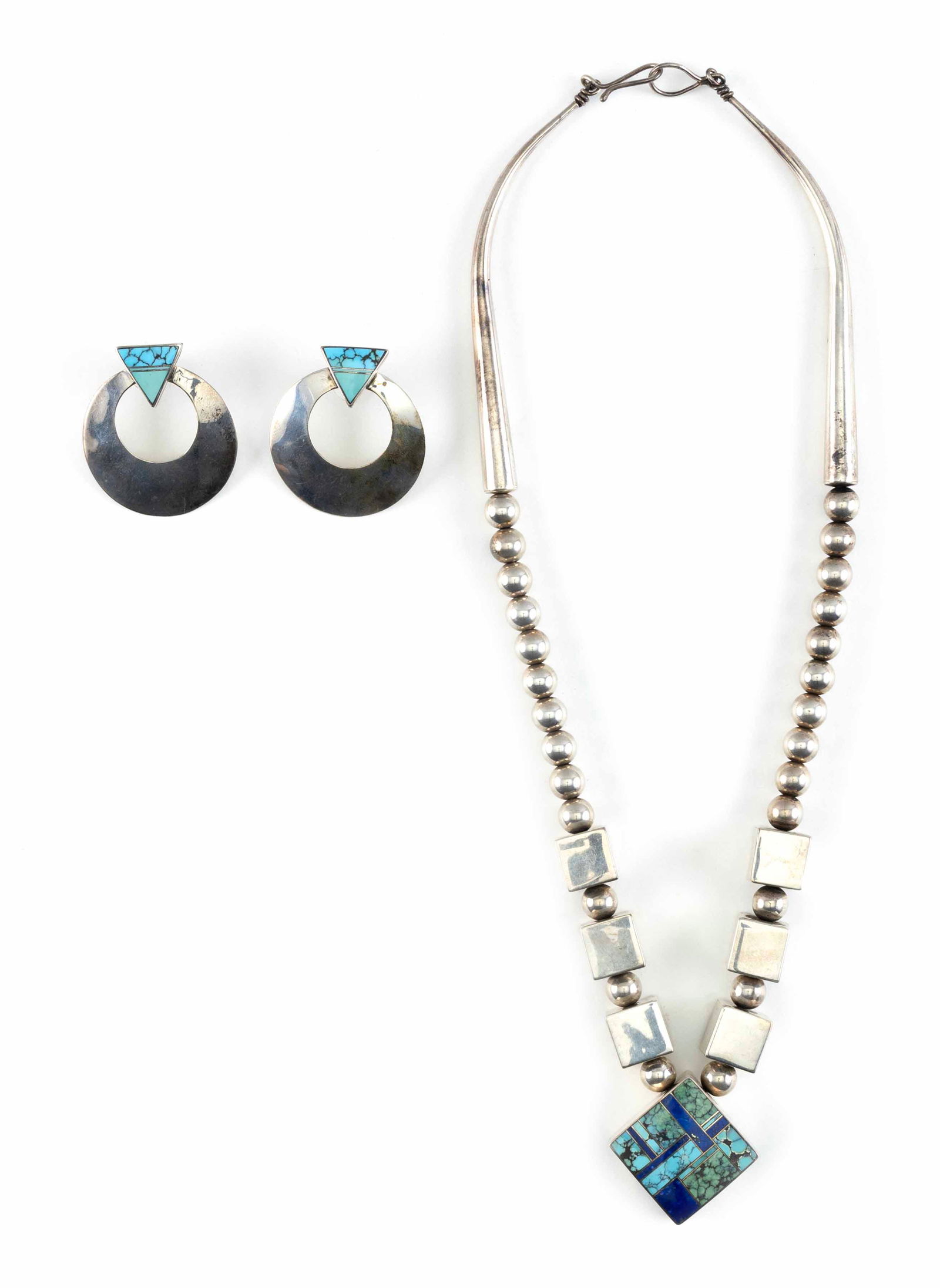 RAY TRACEY KNIFEWING NAVAJO STERLING SILVER, TURQUOISE AND LAPIS LAZULI NECKLACE AND PAIR OF (1 of 1)