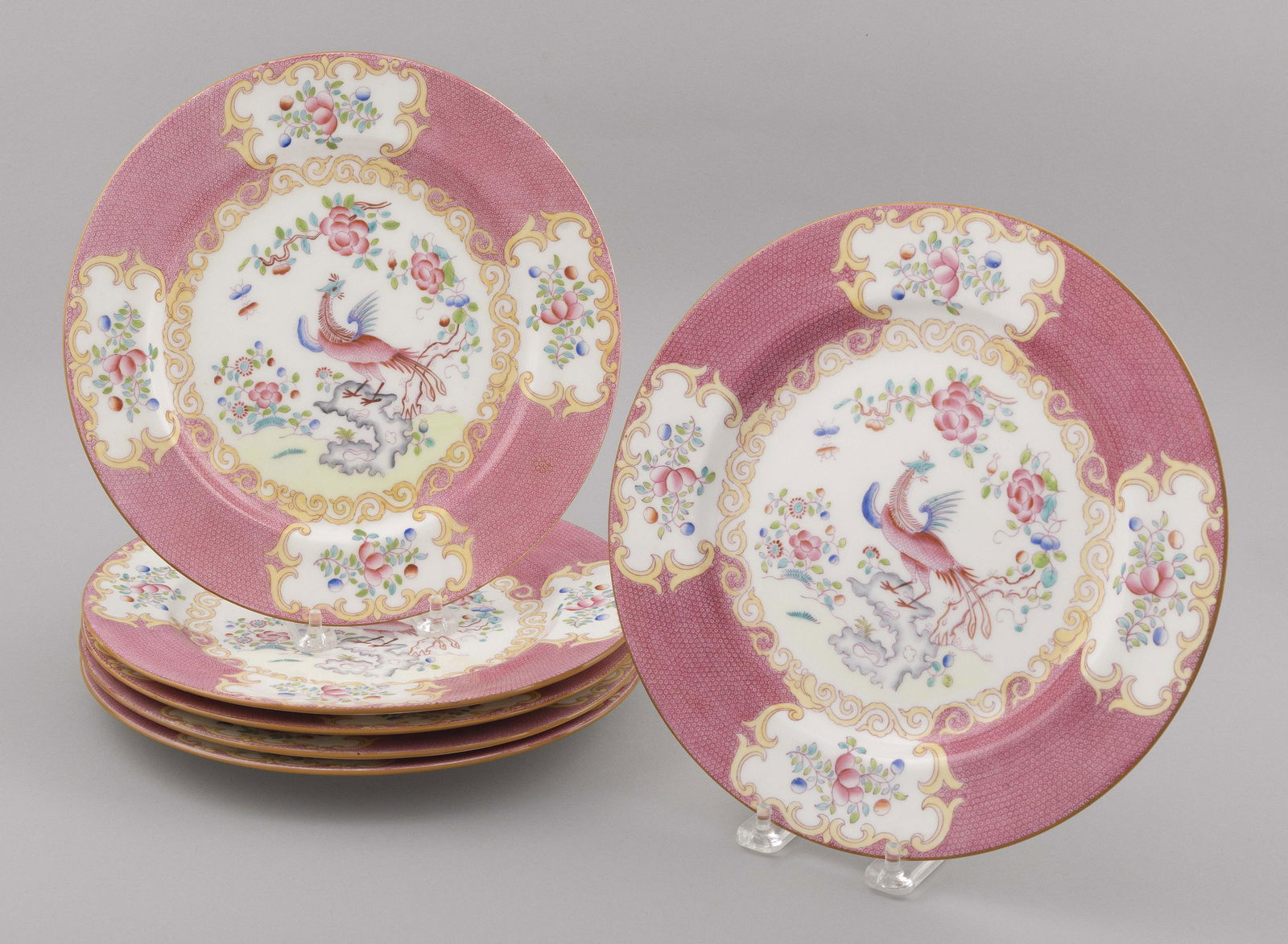 SET OF SIX MINTON "PINK COCKATRICE" PORCELAIN PLATES Early 20th Century Diameters 10.5”. (1 of 2)