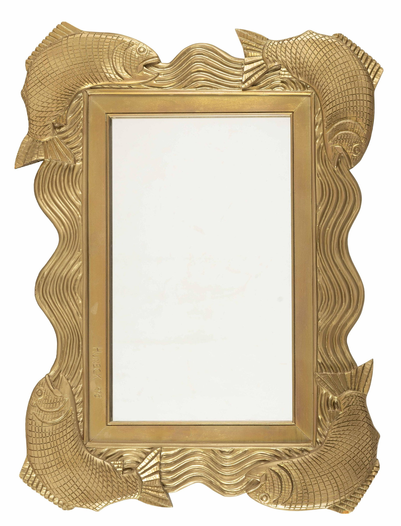 STEPHEN HUNECK (Vermont/New Hampshire/Ohio, 1948-1910), Carved fish-themed mirror., Height 28.5". (1 of 3)