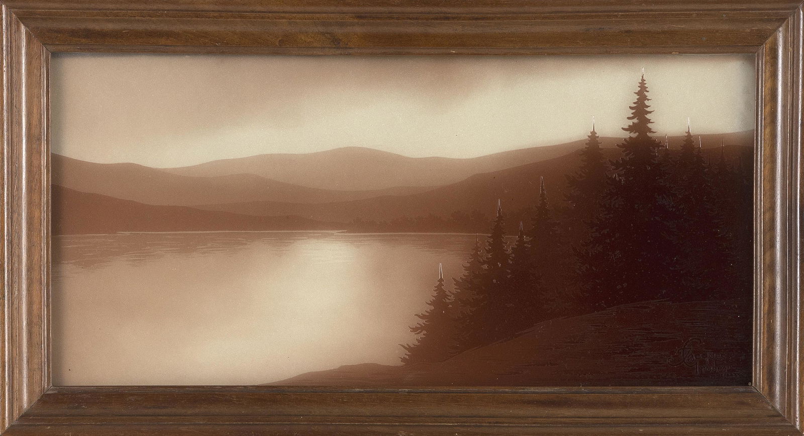 JACQUES GRUBER (France, 1870-1933), Cameo glass window depicting a landscape., 6.5” x 14” (1 of 2)