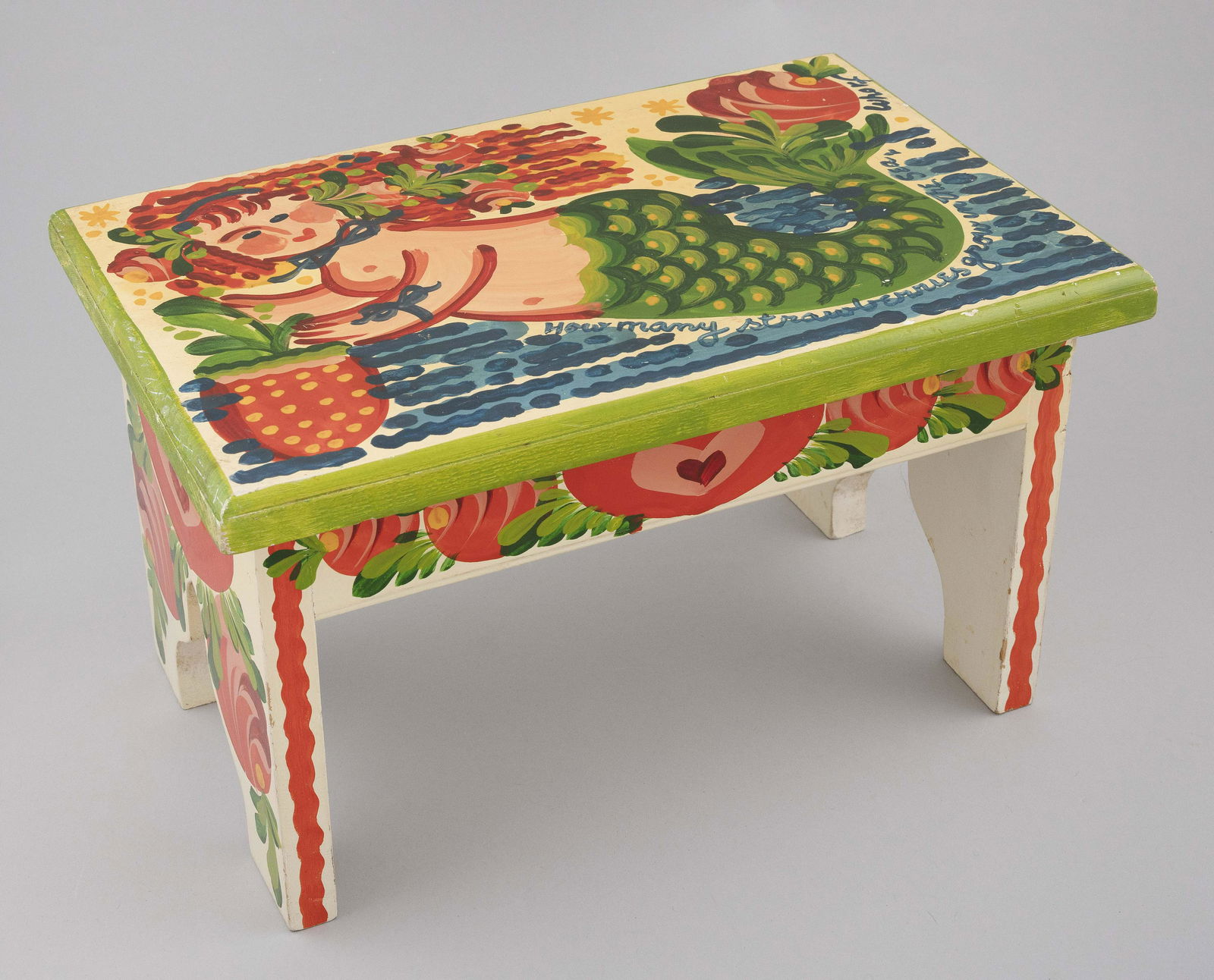 NANCY WHORF (Massachusetts, 1930-2009), Pine bench painted with a mermaid and "How Many Strawberries (1 of 2)