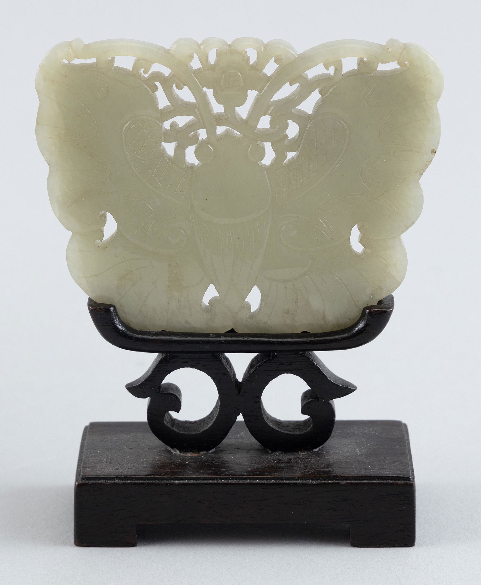 CHINESE CARVED CELADON JADE PLAQUE 19th Century Plaque 2.5” x 3.5”. With wood stand, (1 of 5)