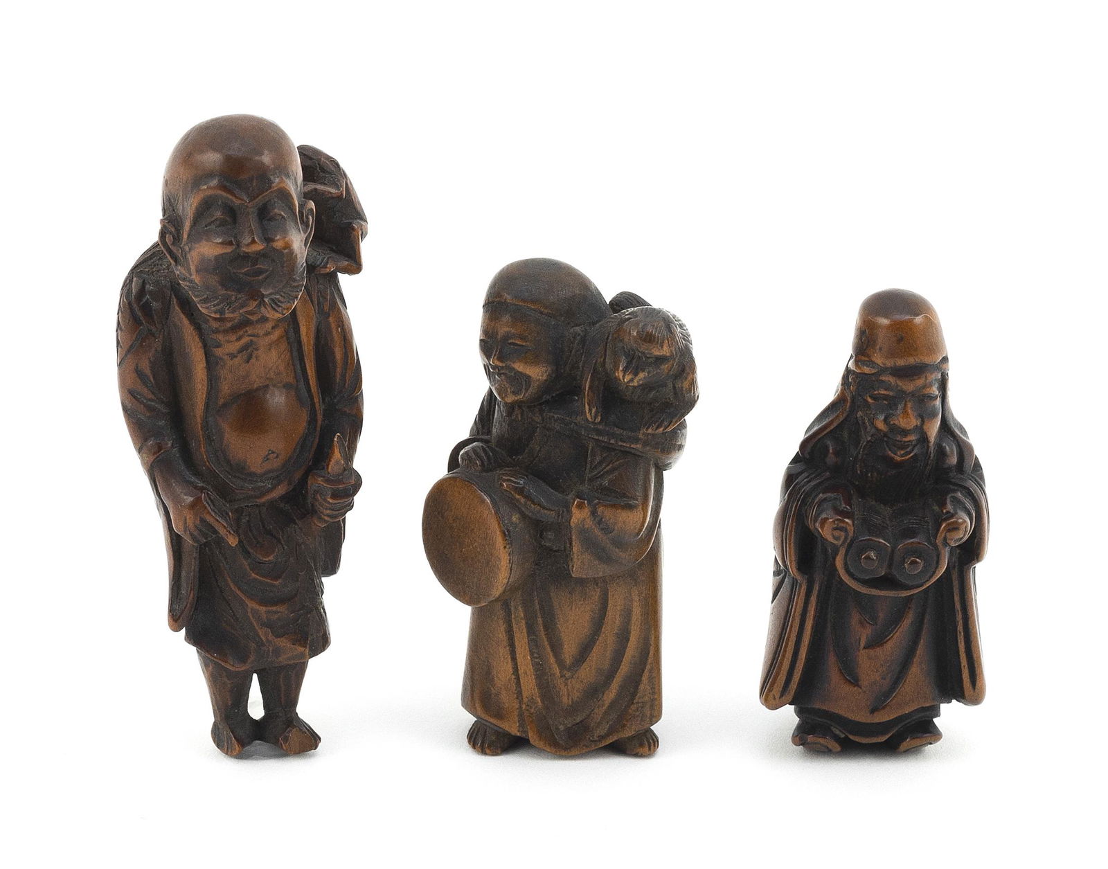 THREE JAPANESE CARVED WOOD FIGURAL NETSUKE Meiji Period (1 of 3)