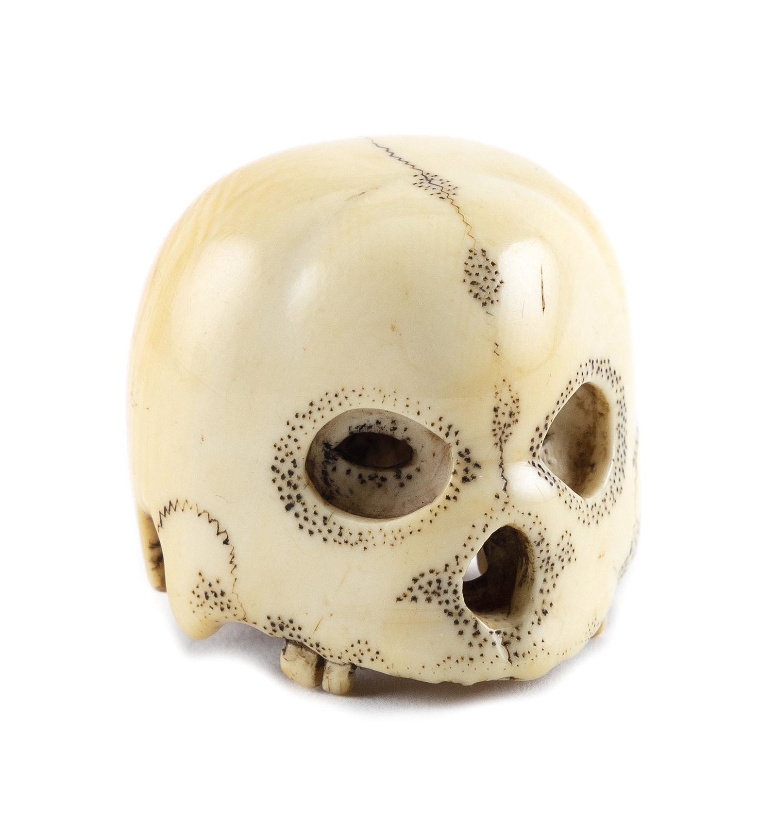 JAPANESE CARVED IVORY NETSUKE 19th Century Height 1”.: JAPANESE CARVED IVORY NETSUKE 19th Century A decaying skull. Height 1”.