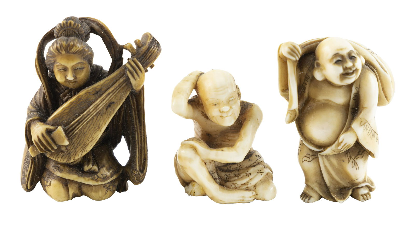 THREE JAPANESE CARVED IVORY FIGURAL NETSUKE 19th Century (1 of 3)