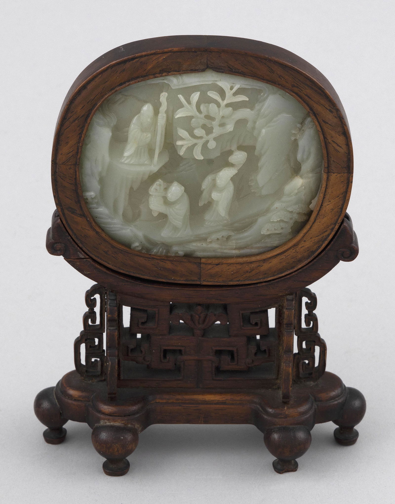 CHINESE CARVED LIGHT CELADON JADE OVAL PLAQUE 19th Century Jade 3" x 3.5". Height on stand 7". (1 of 12)
