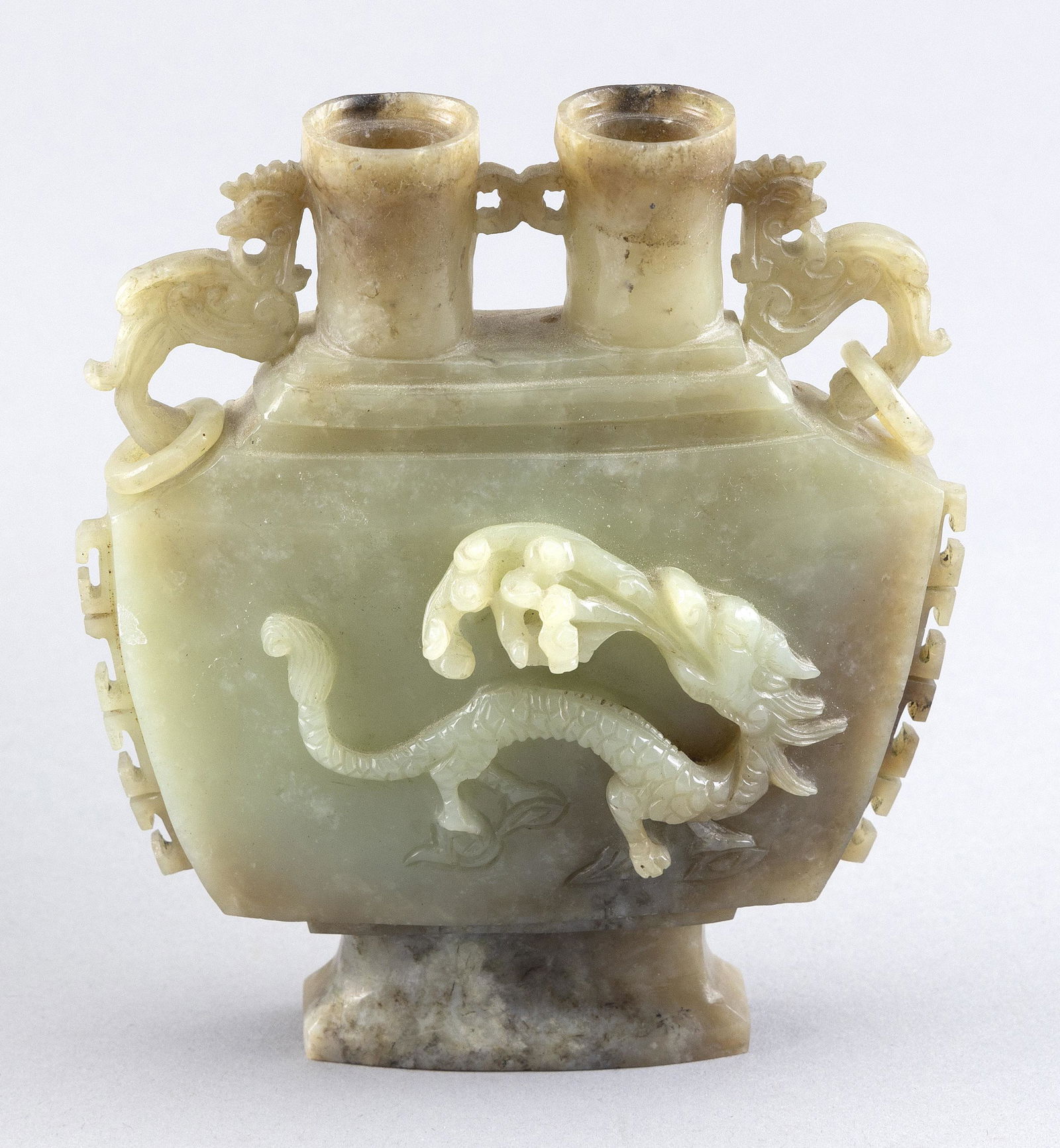 CHINESE CARVED MUTTON FAT JADE VASE WITH DOUBLE NECK 19th Century Height 5". Length 5". (1 of 2)