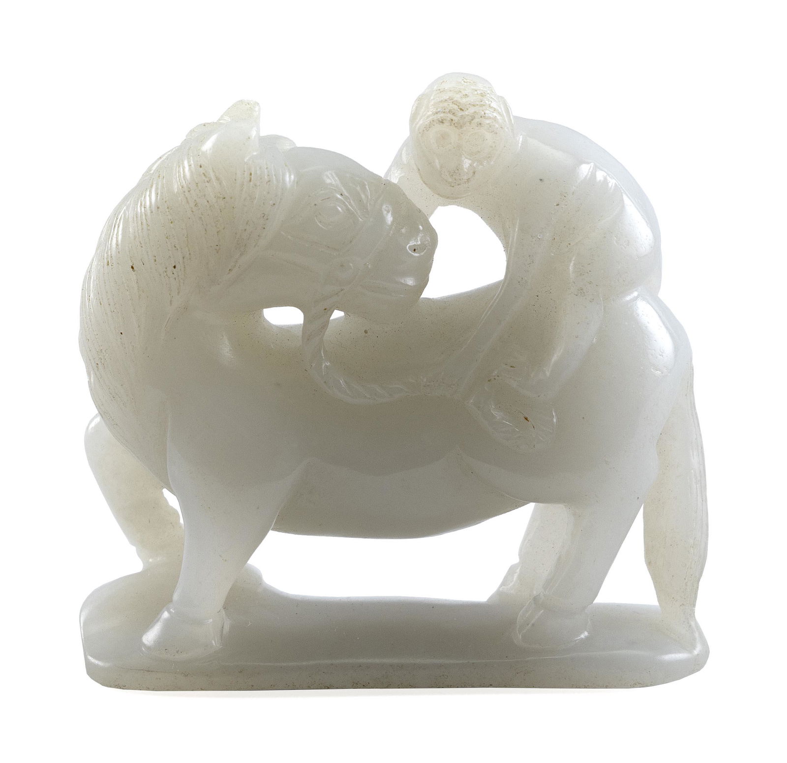 CHINESE CARVED WHITE JADE FIGURE GROUP Height 2.5”. Length 2.5”. (1 of 3)