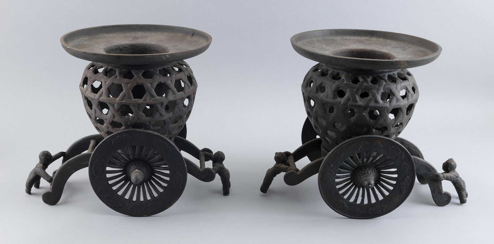 PAIR OF JAPANESE CAST IRON USUBATA IKEBANA NORIMONO CARTS Late Meiji Period Heights 10". Lengths (1 of 2)